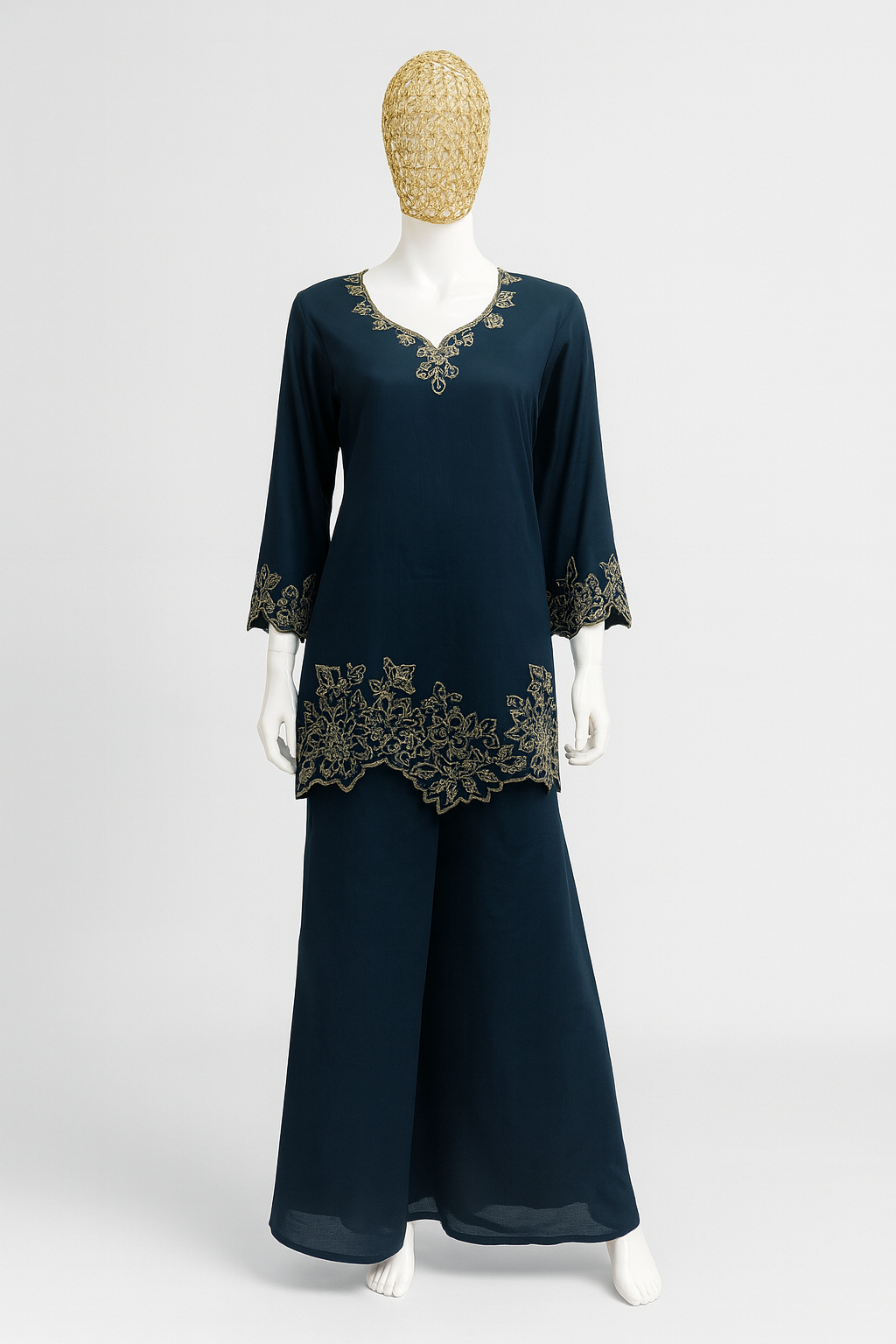 Elegant Navy Blue Embroidered Suit Set
