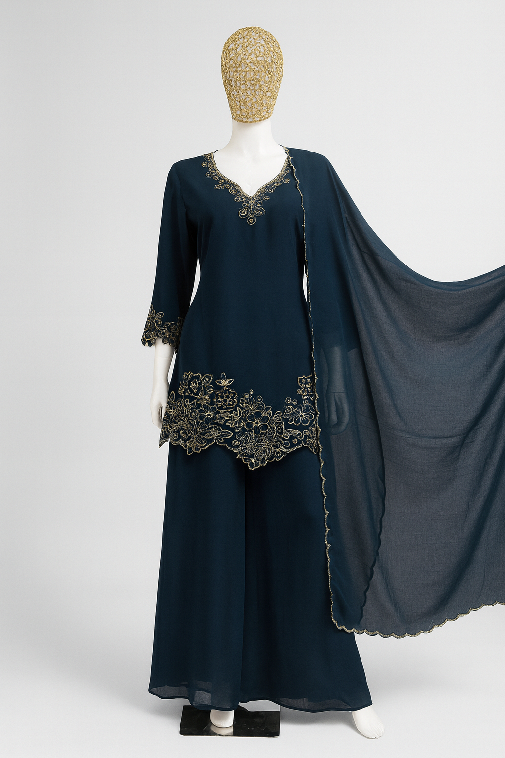 Elegant Navy Blue Embroidered Suit Set