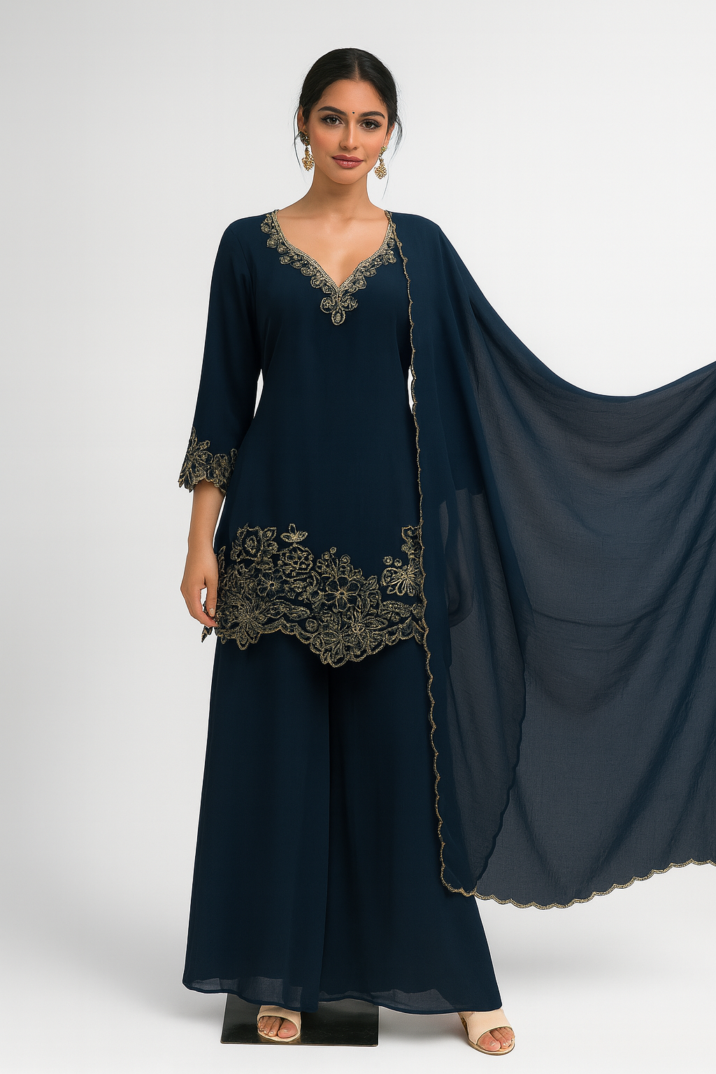 Elegant Navy Blue Embroidered Suit Set