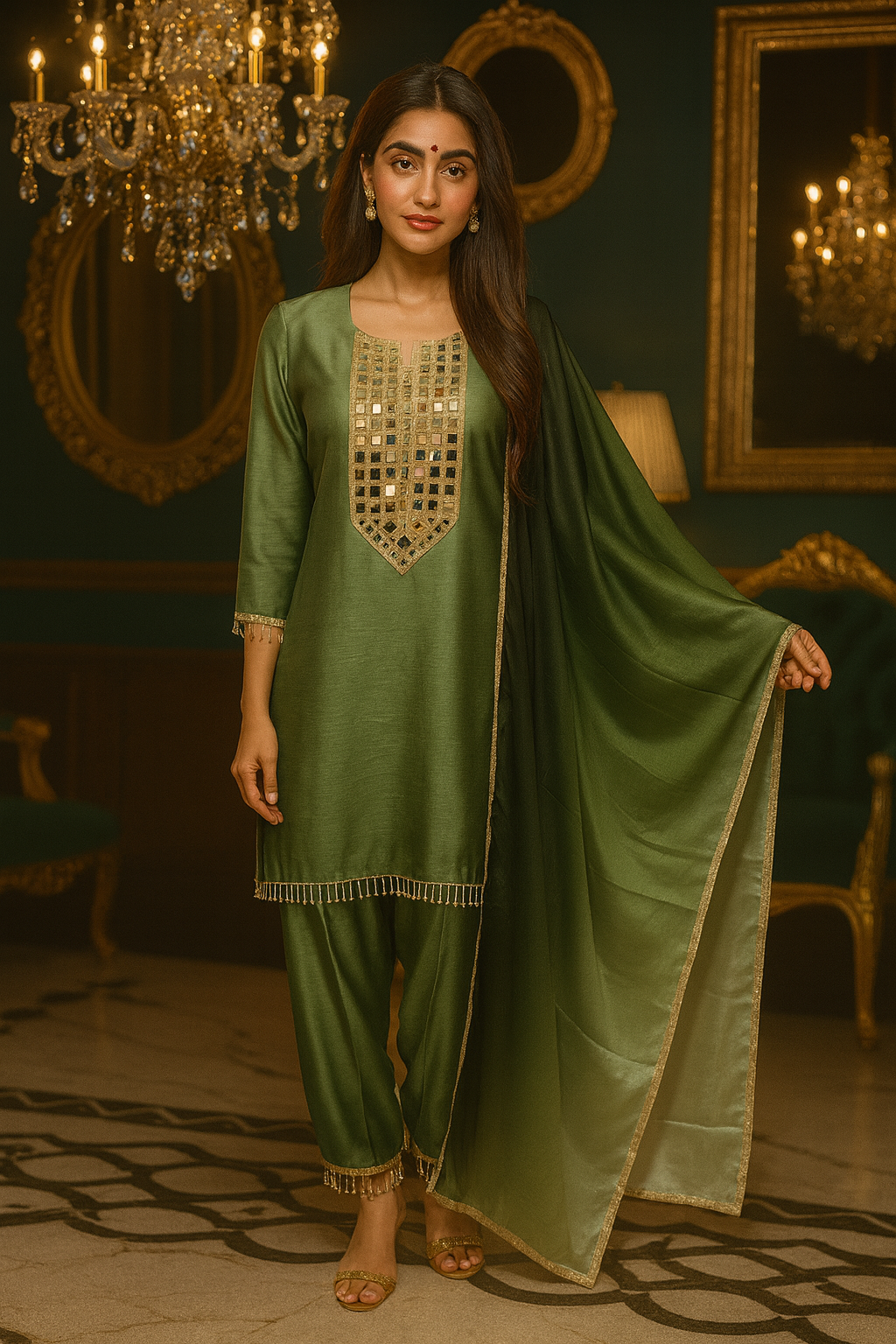 Olive Green Mirror-Work Suit Set