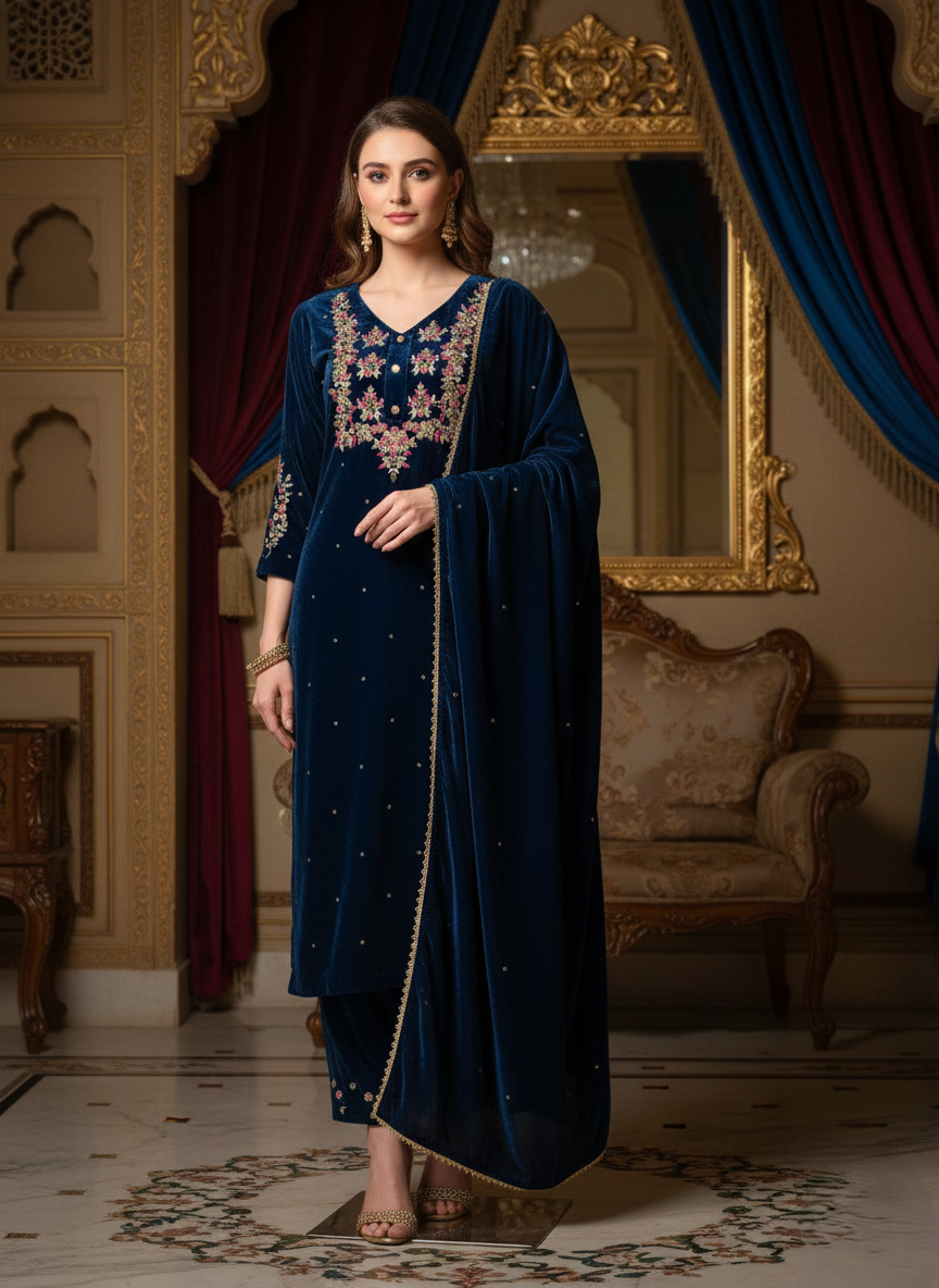 Navy Blue Velvet Embroidered Suit Set