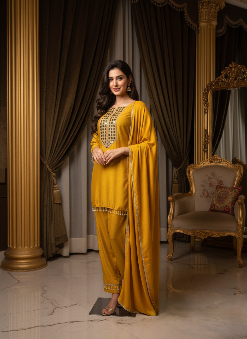Mustard Yellow Mirror-Work Suit Set