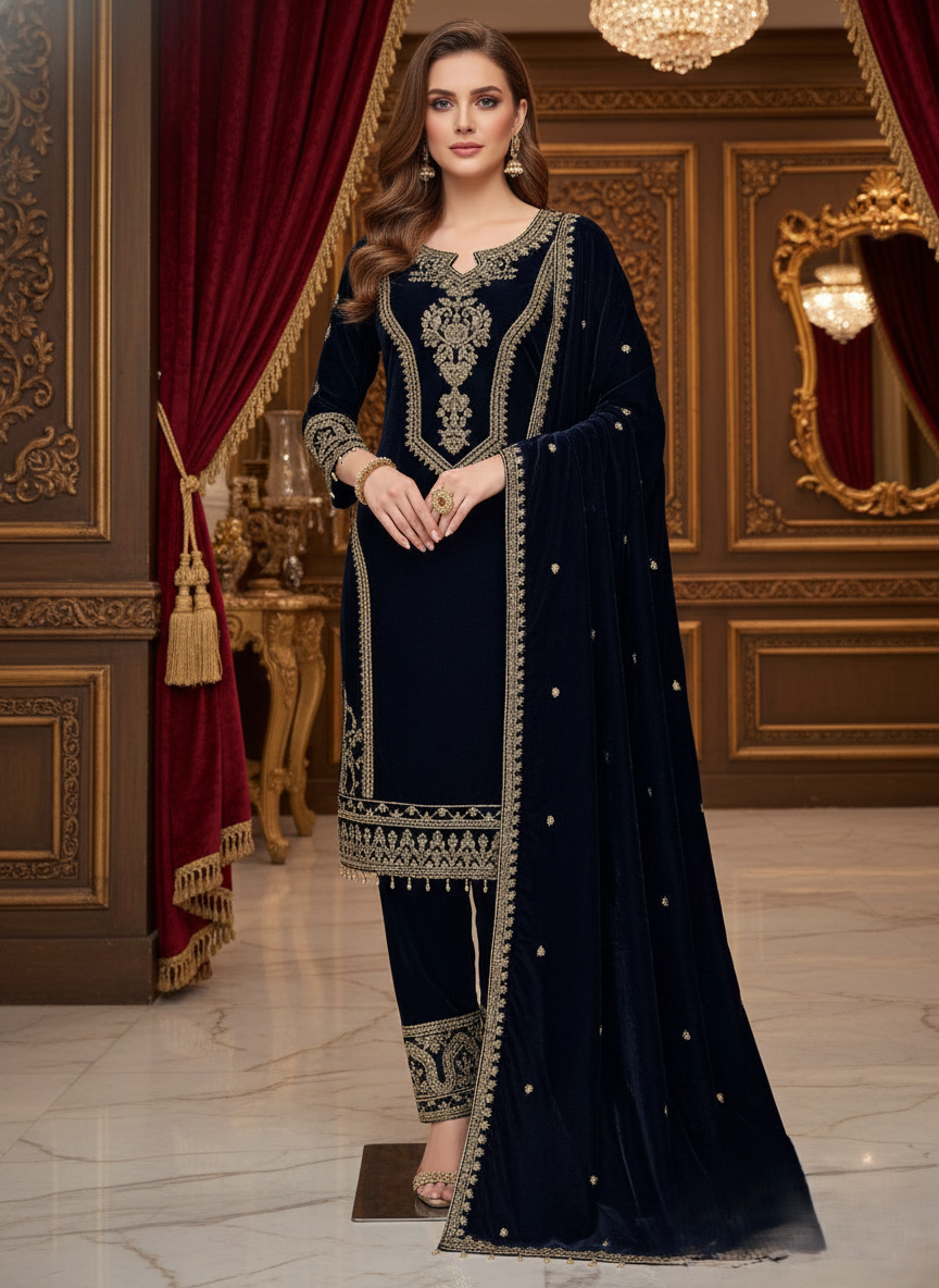 Midnight Blue Velvet Embroidered Suit Set