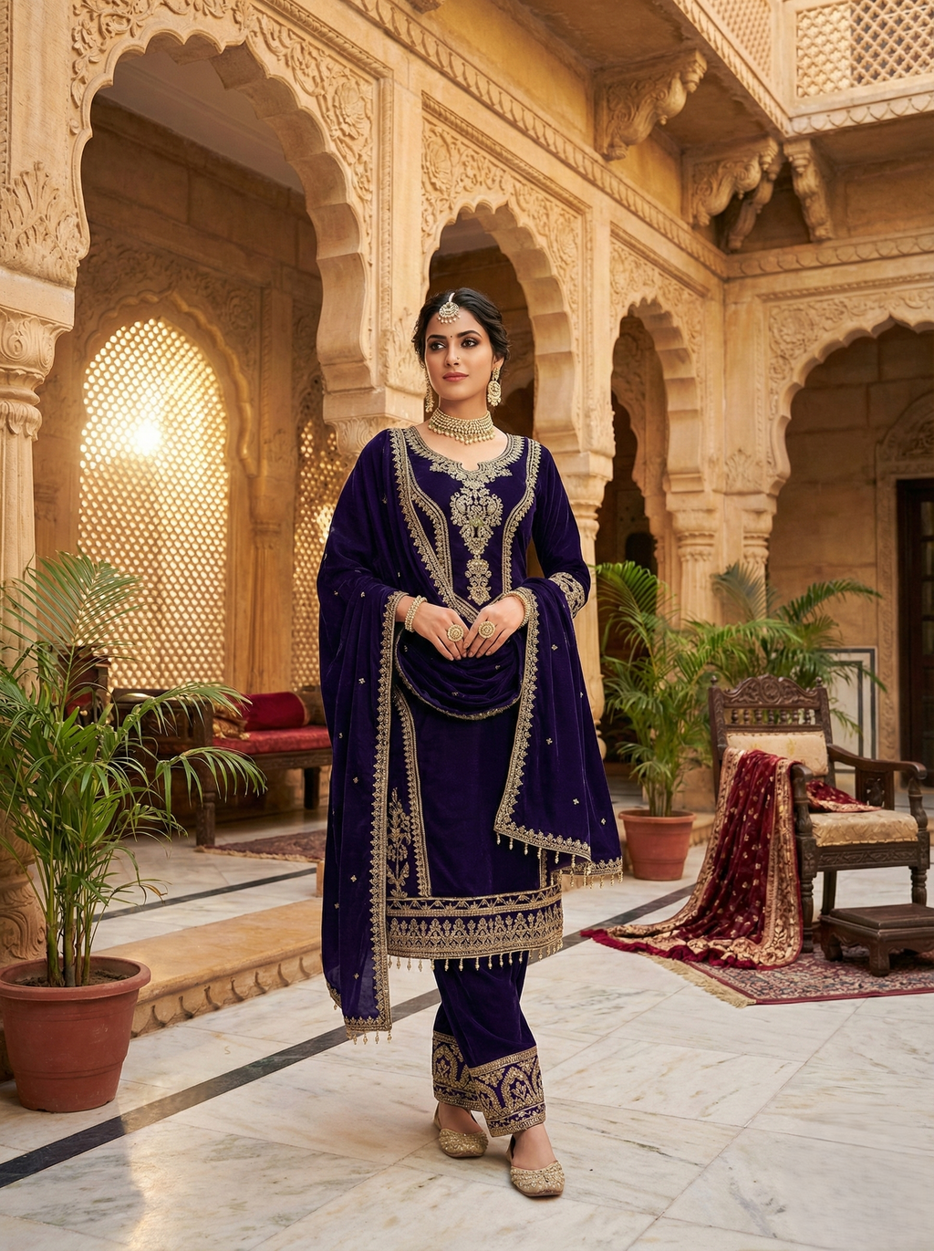 Midnight Blue Velvet Embroidered Suit Set