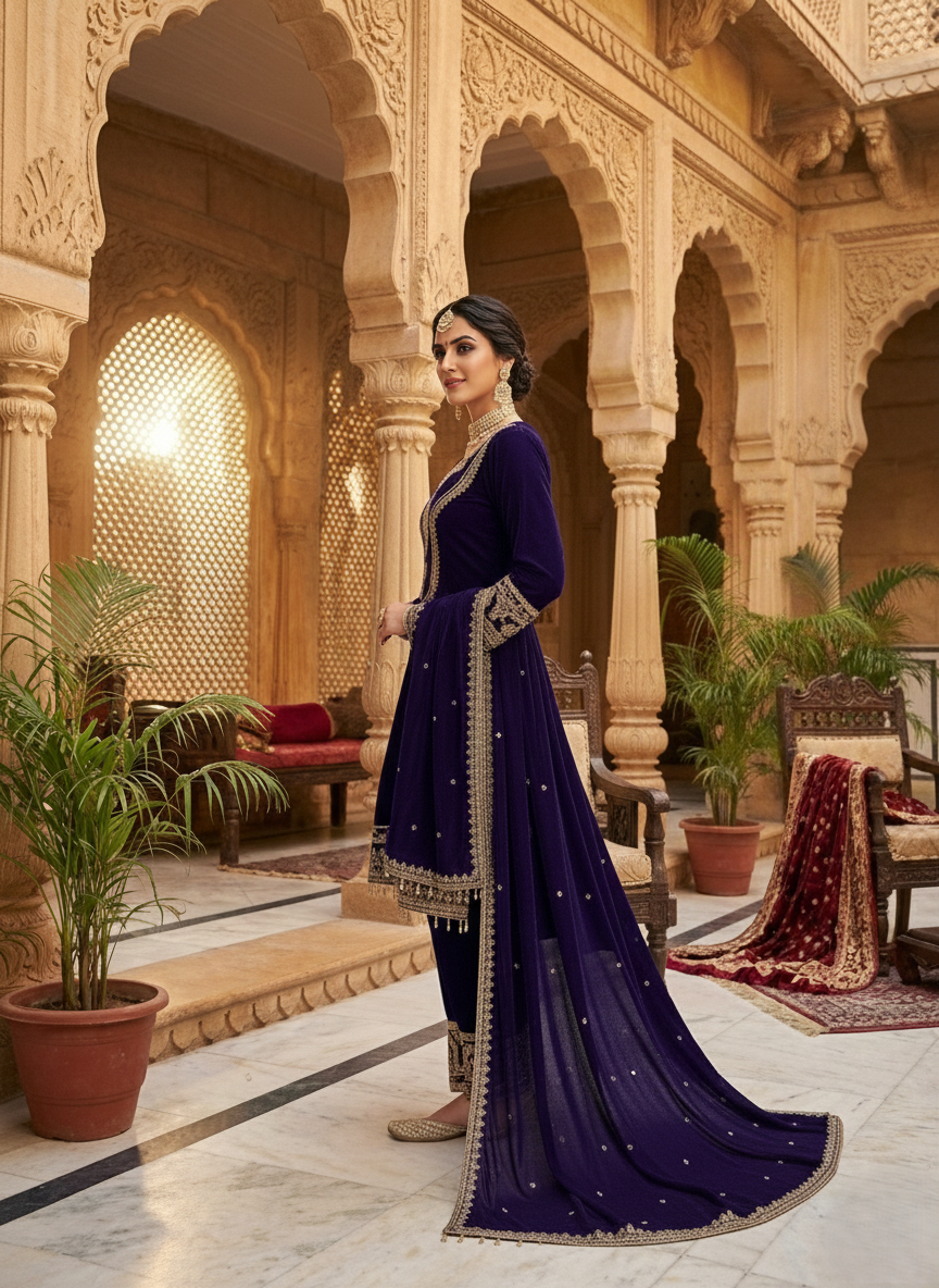 Midnight Blue Velvet Embroidered Suit Set