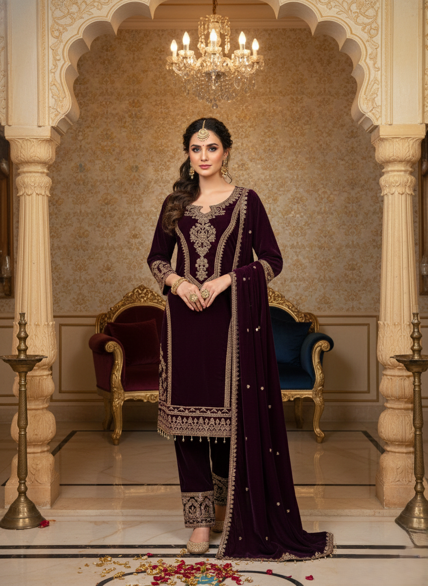 Royal Plum Velvet Embroidered Suit Set