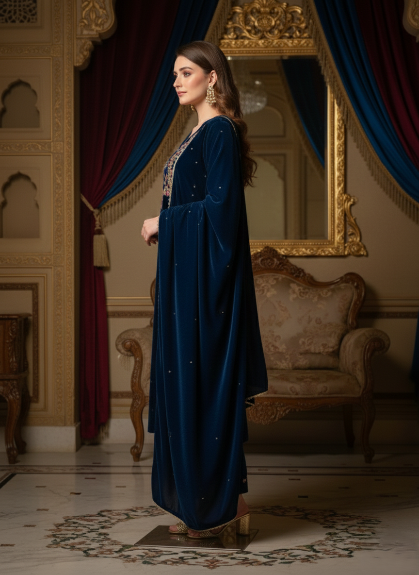 Navy Blue Velvet Embroidered Suit Set