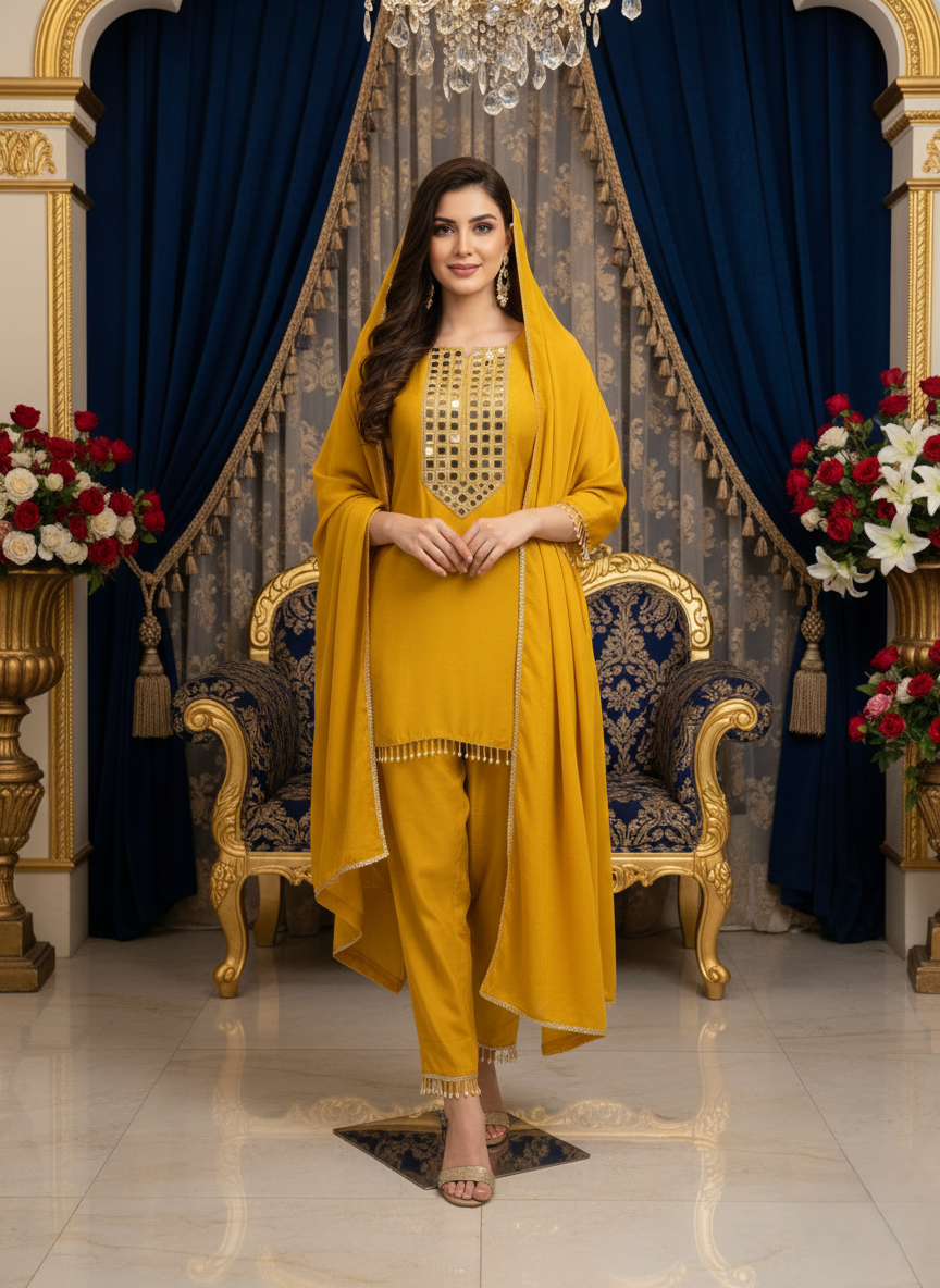 Mustard Yellow Mirror-Work Suit Set