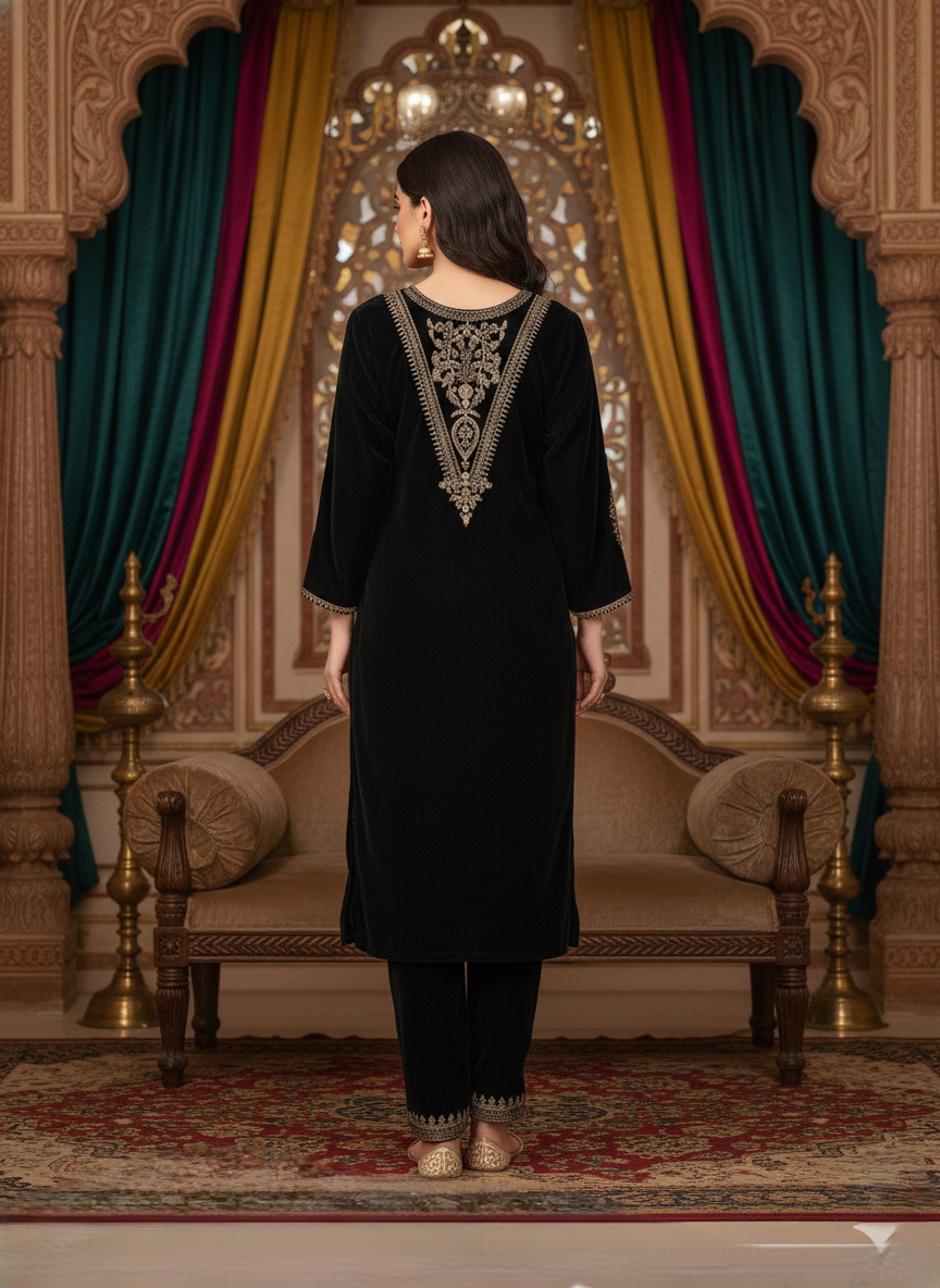 Black Velvet Embroidered Suit Set