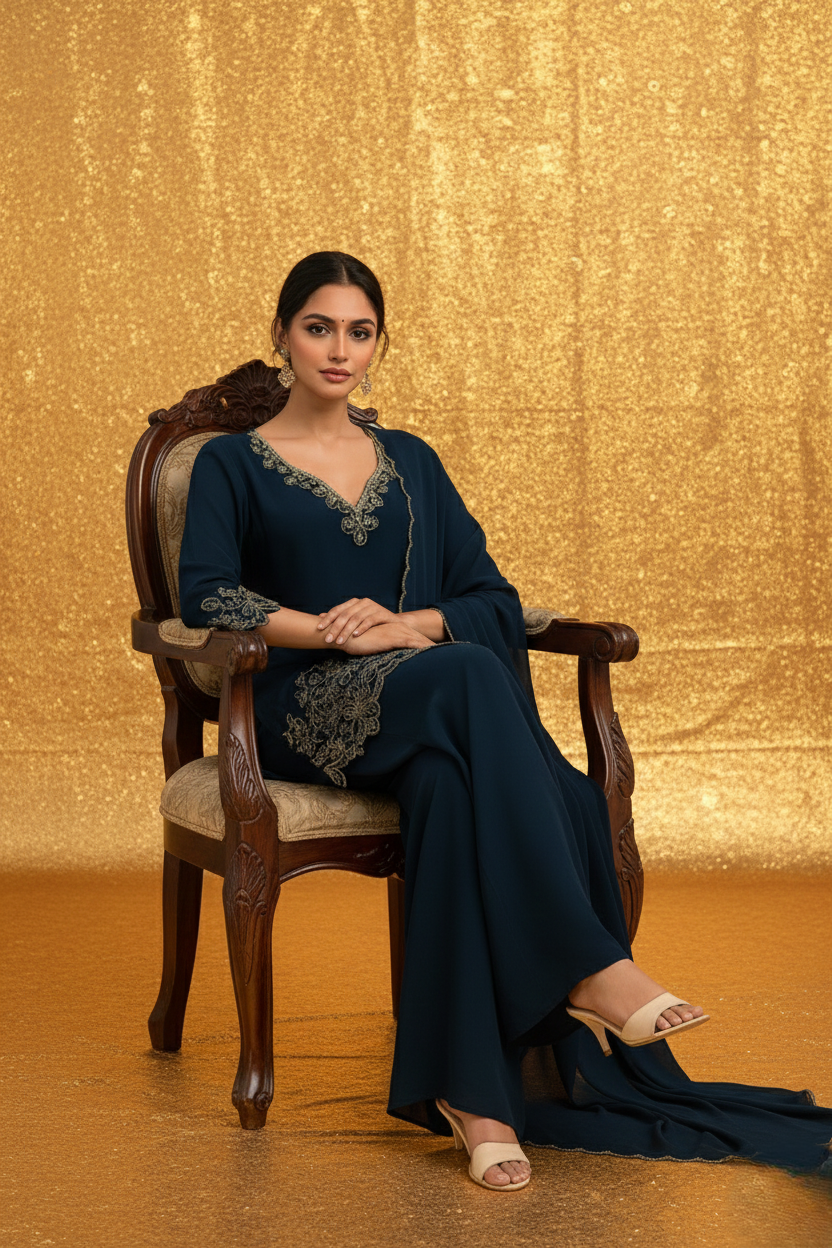 Elegant Navy Blue Embroidered Suit Set