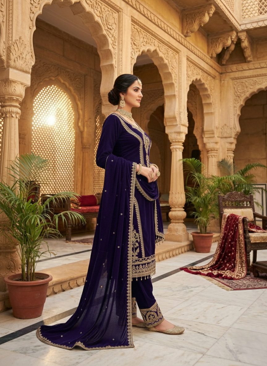 Midnight Blue Velvet Embroidered Suit Set