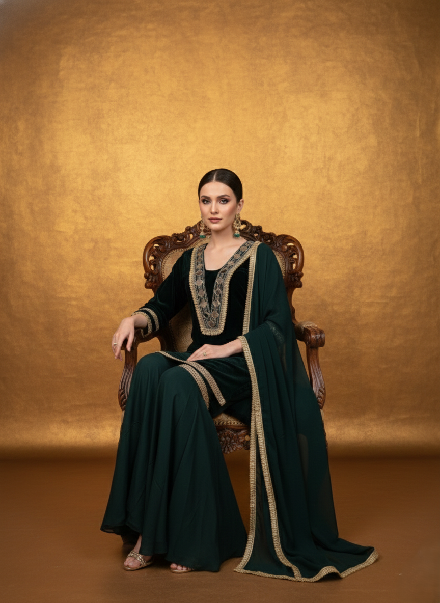 Emerald Velvet Gharara Suit Set