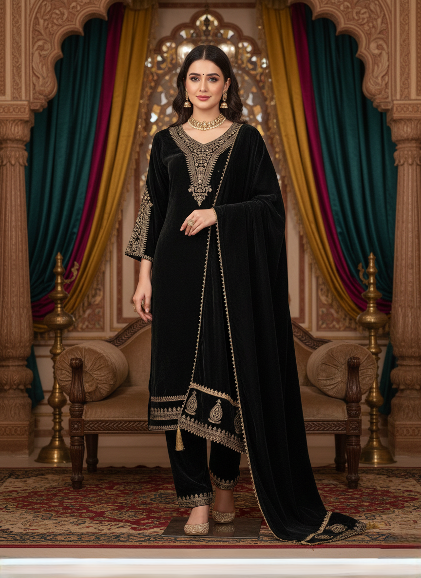 Black Velvet Embroidered Suit Set