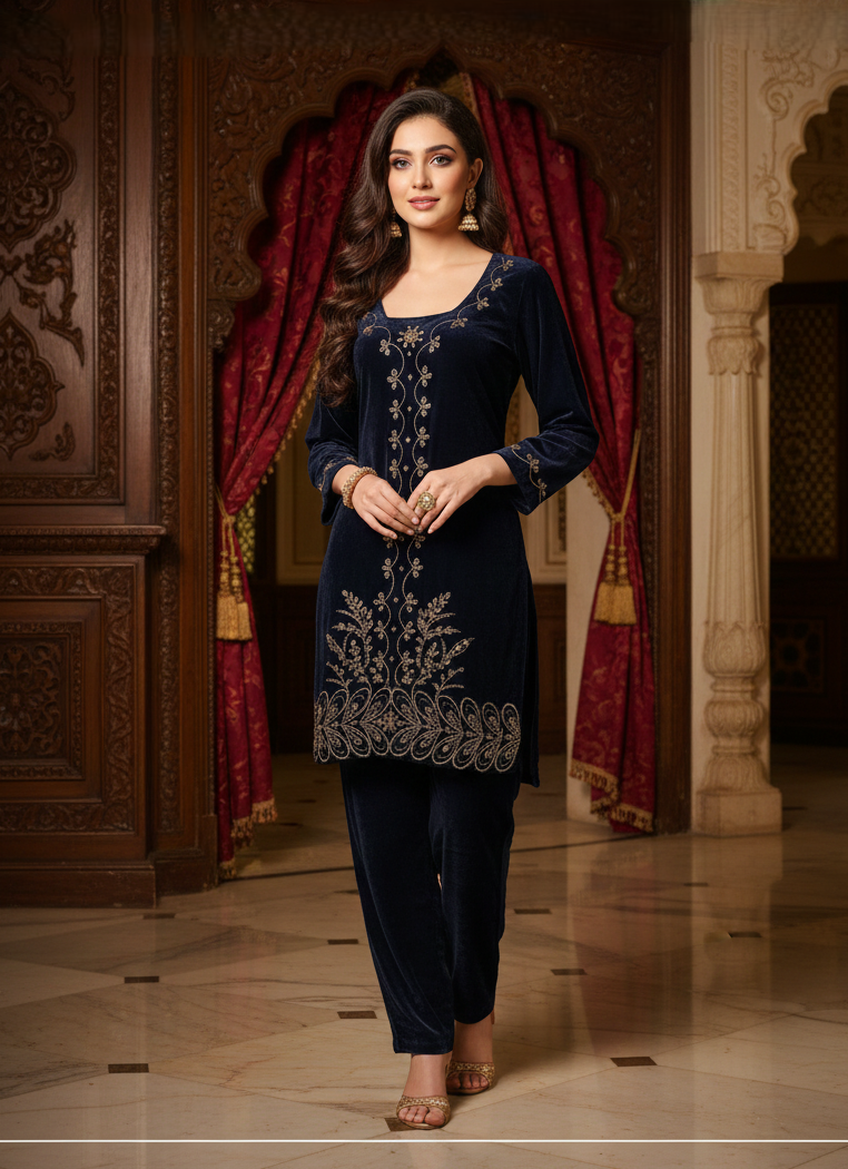 Midnight Blue Velvet Embroidered Suit Set