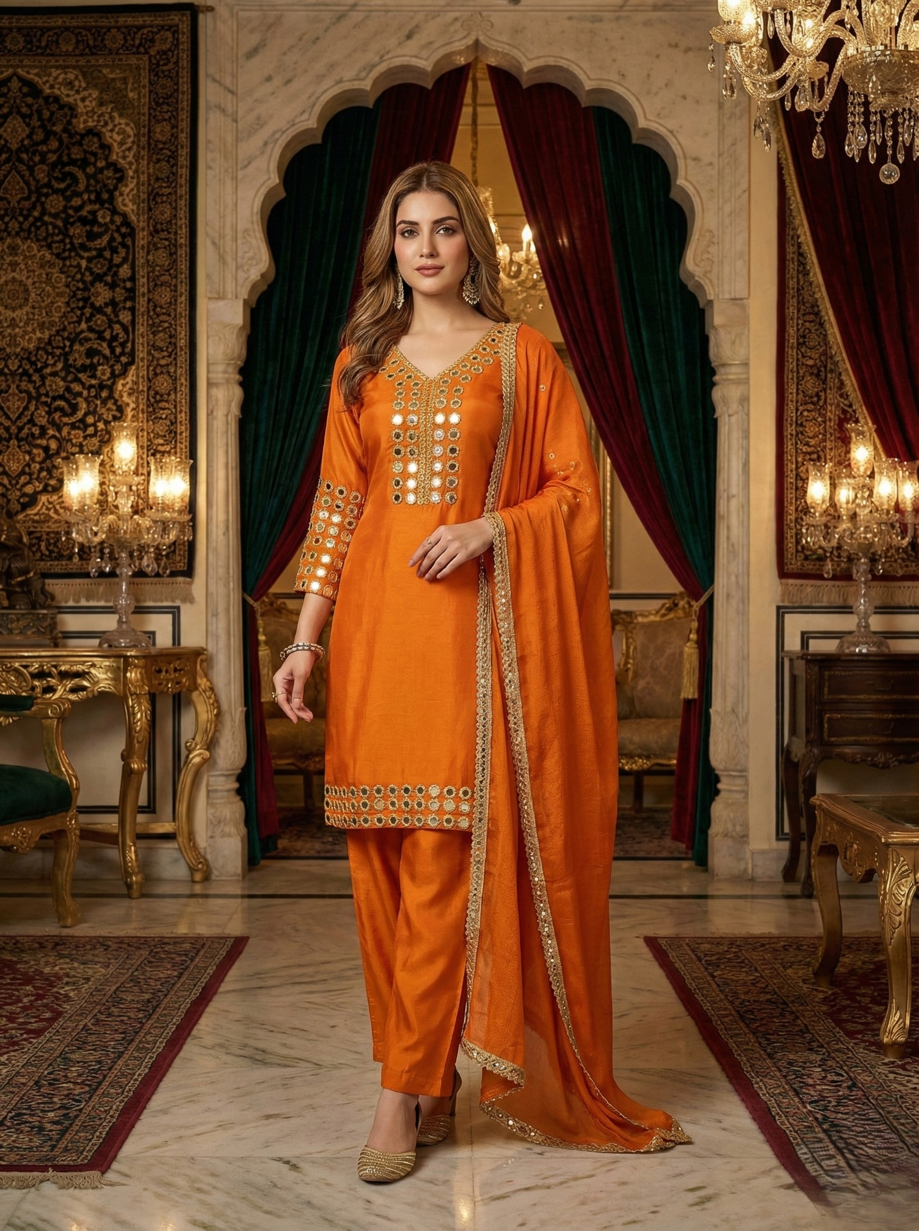 Orange Mirror-Work Suit Set
