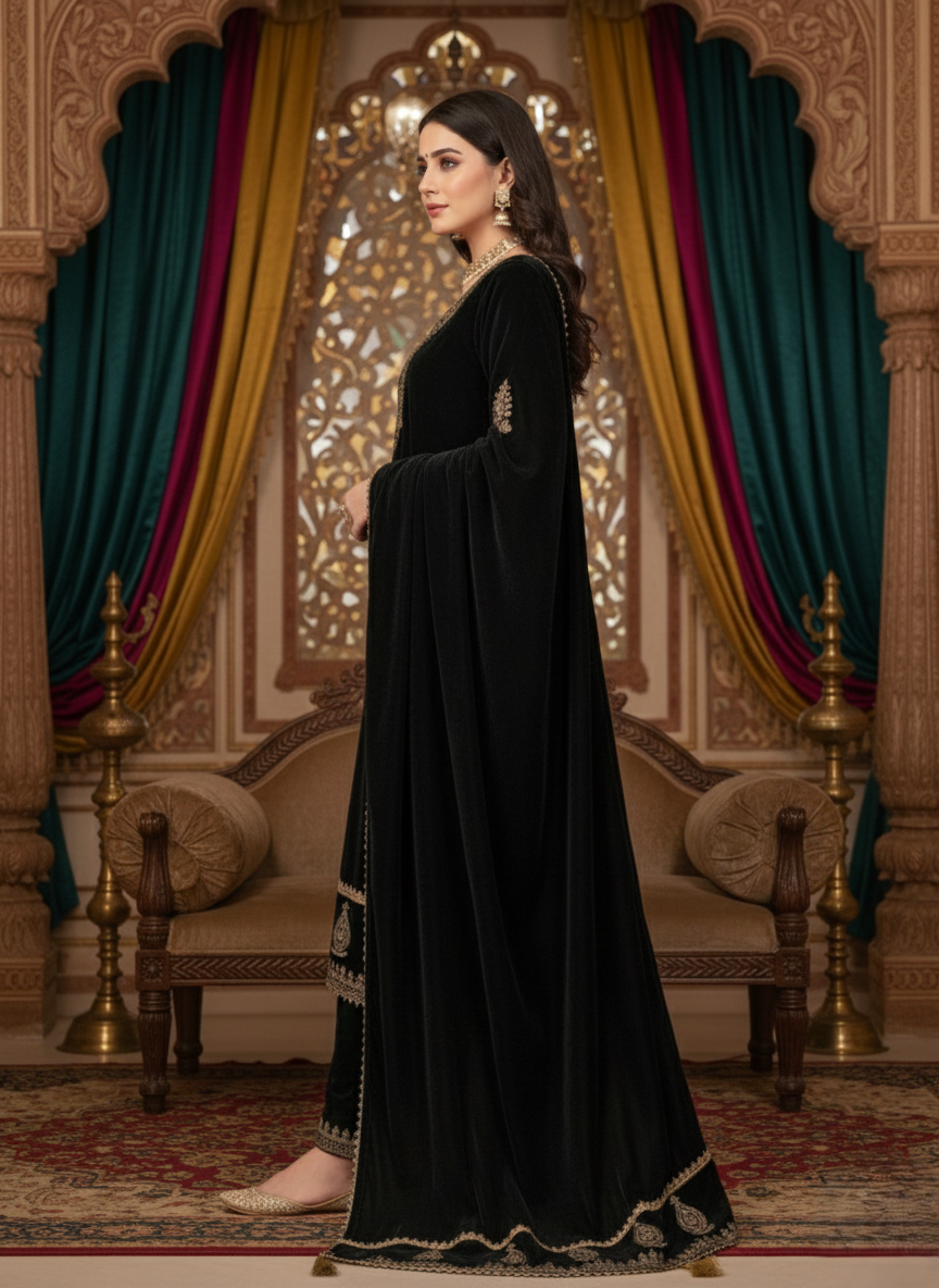 Black Velvet Embroidered Suit Set