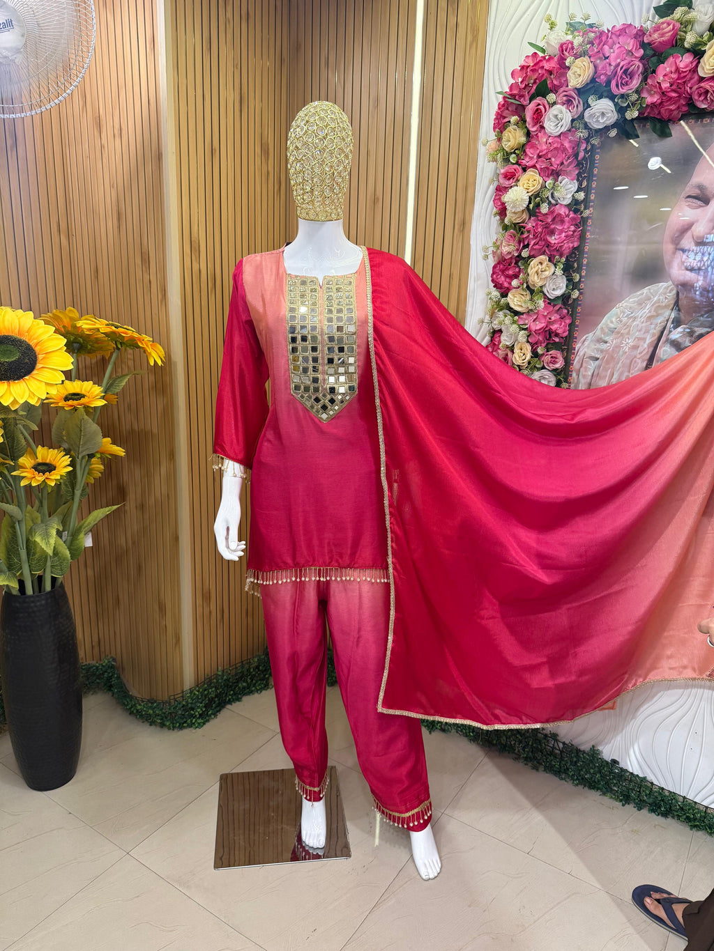 Ruby Pink Mirror-Work Suit Set