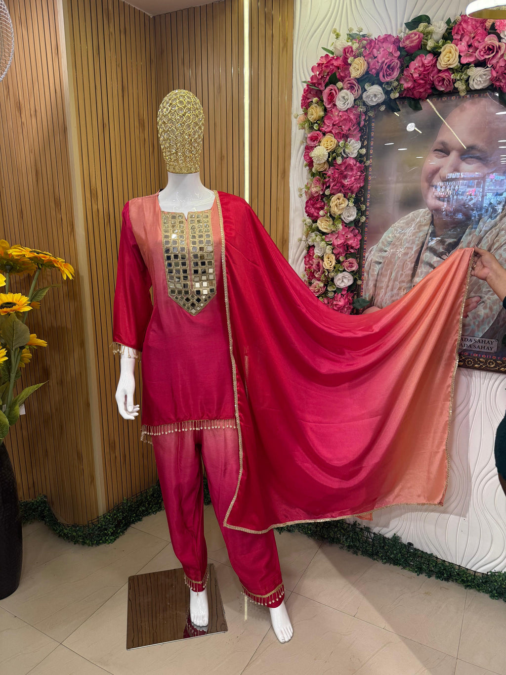 Ruby Pink Mirror-Work Suit Set