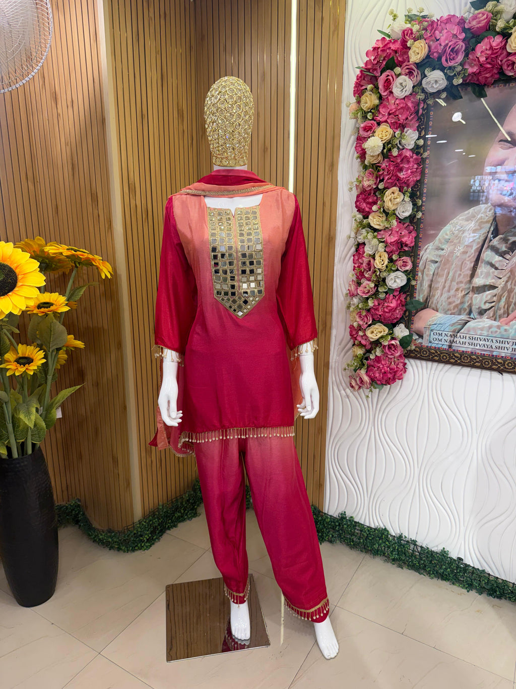 Ruby Pink Mirror-Work Suit Set