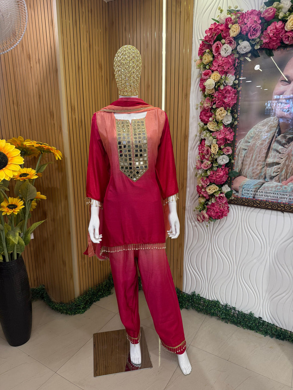 Ruby Pink Mirror-Work Suit Set