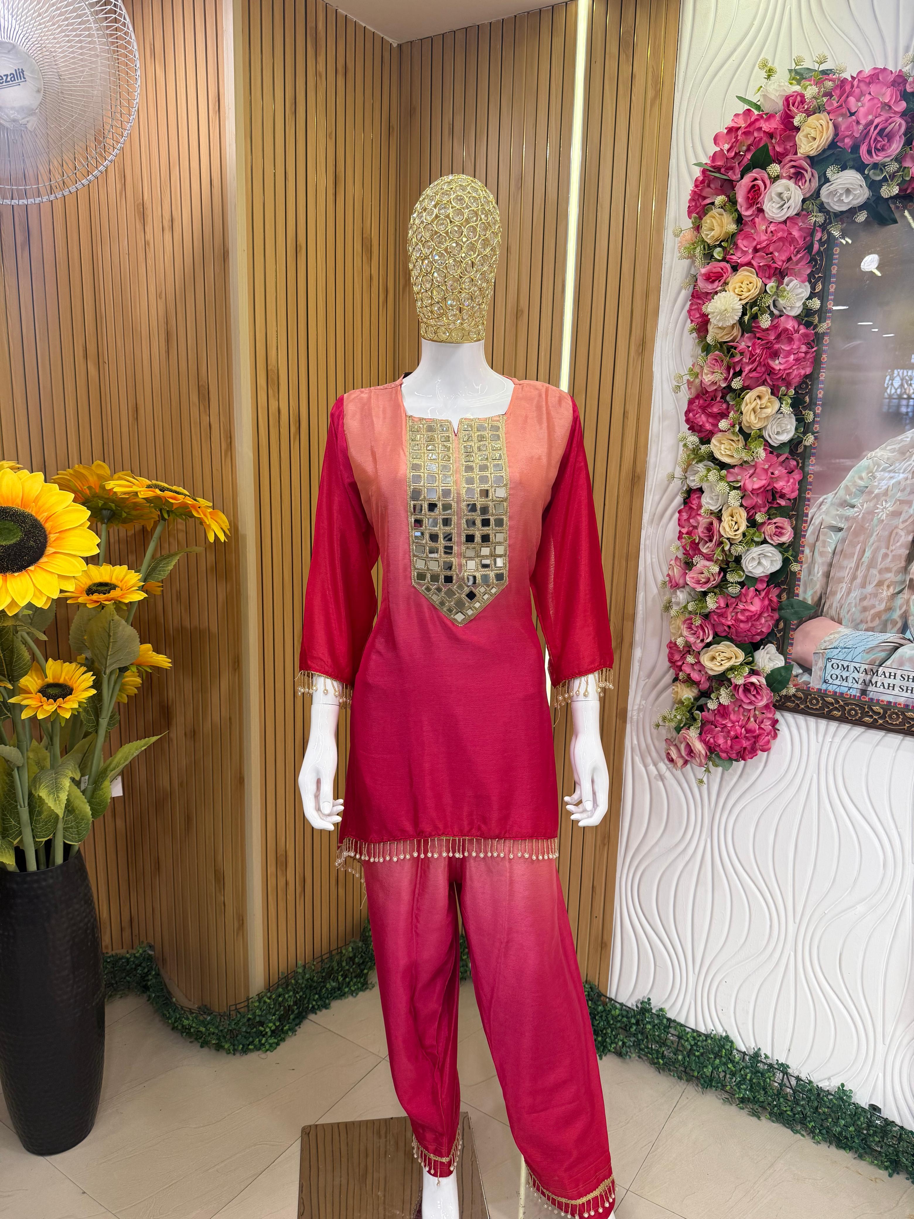 Ruby Pink Mirror-Work Suit Set