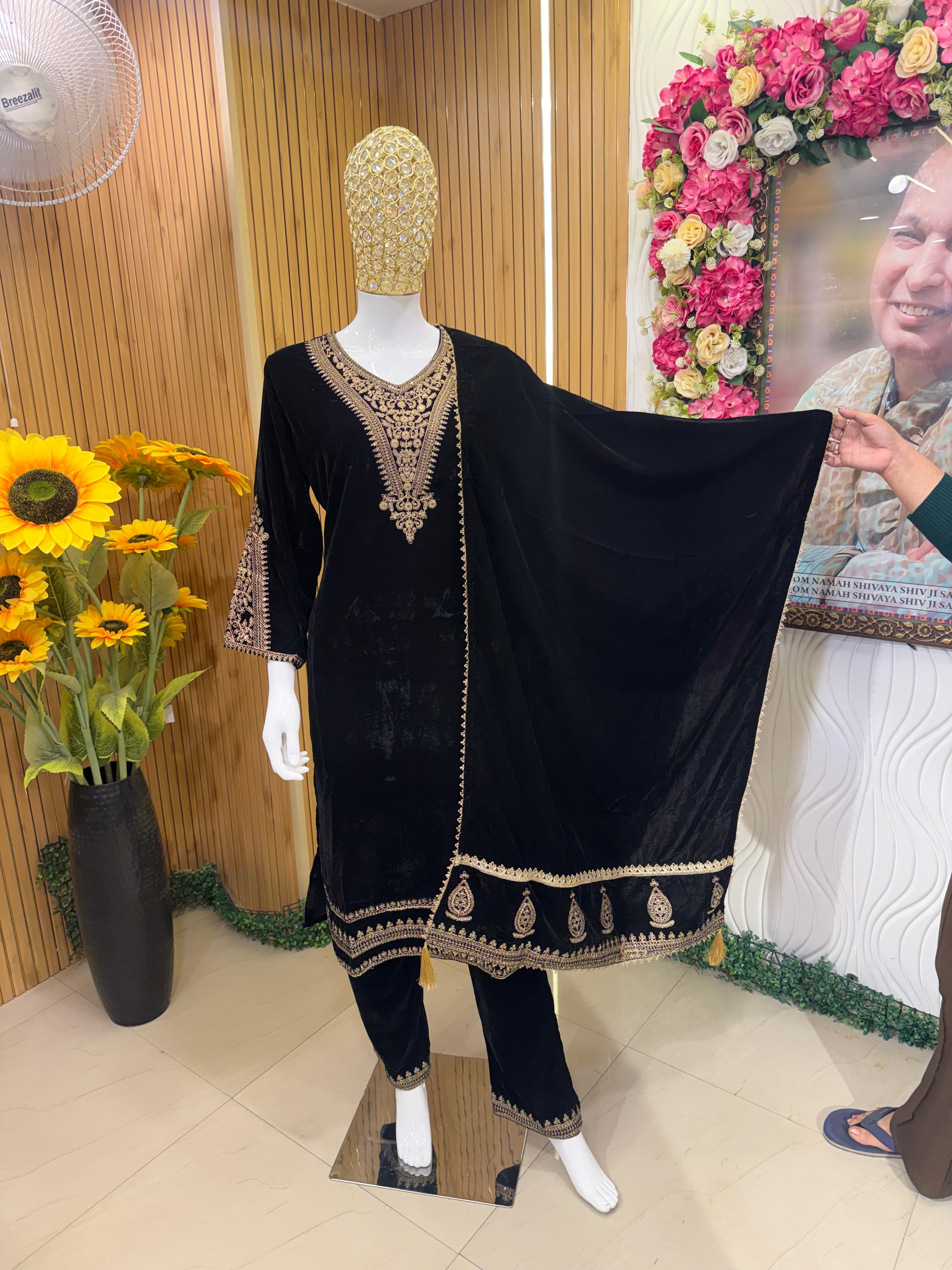 Black Velvet Embroidered Suit Set