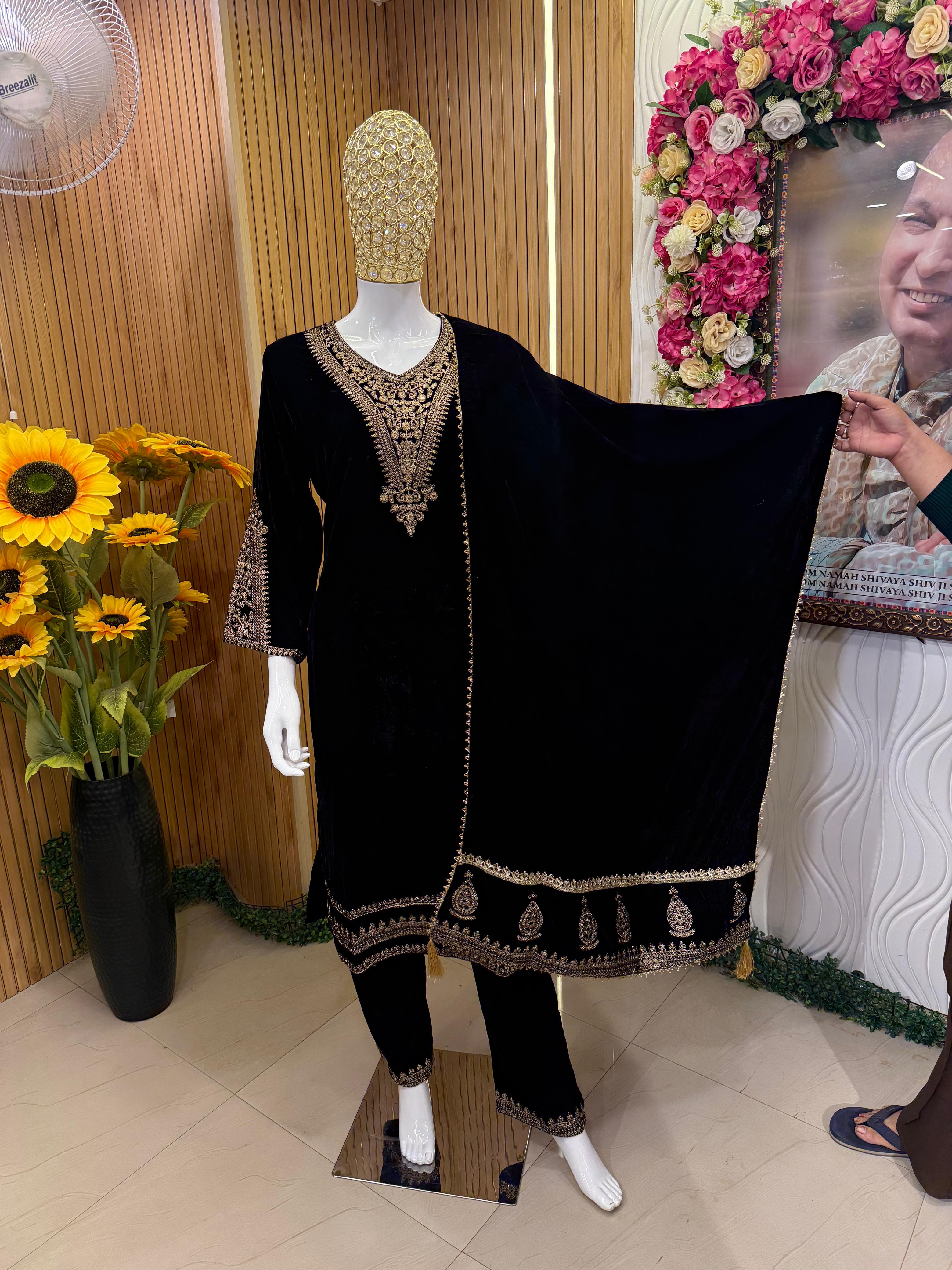 Black Velvet Embroidered Suit Set