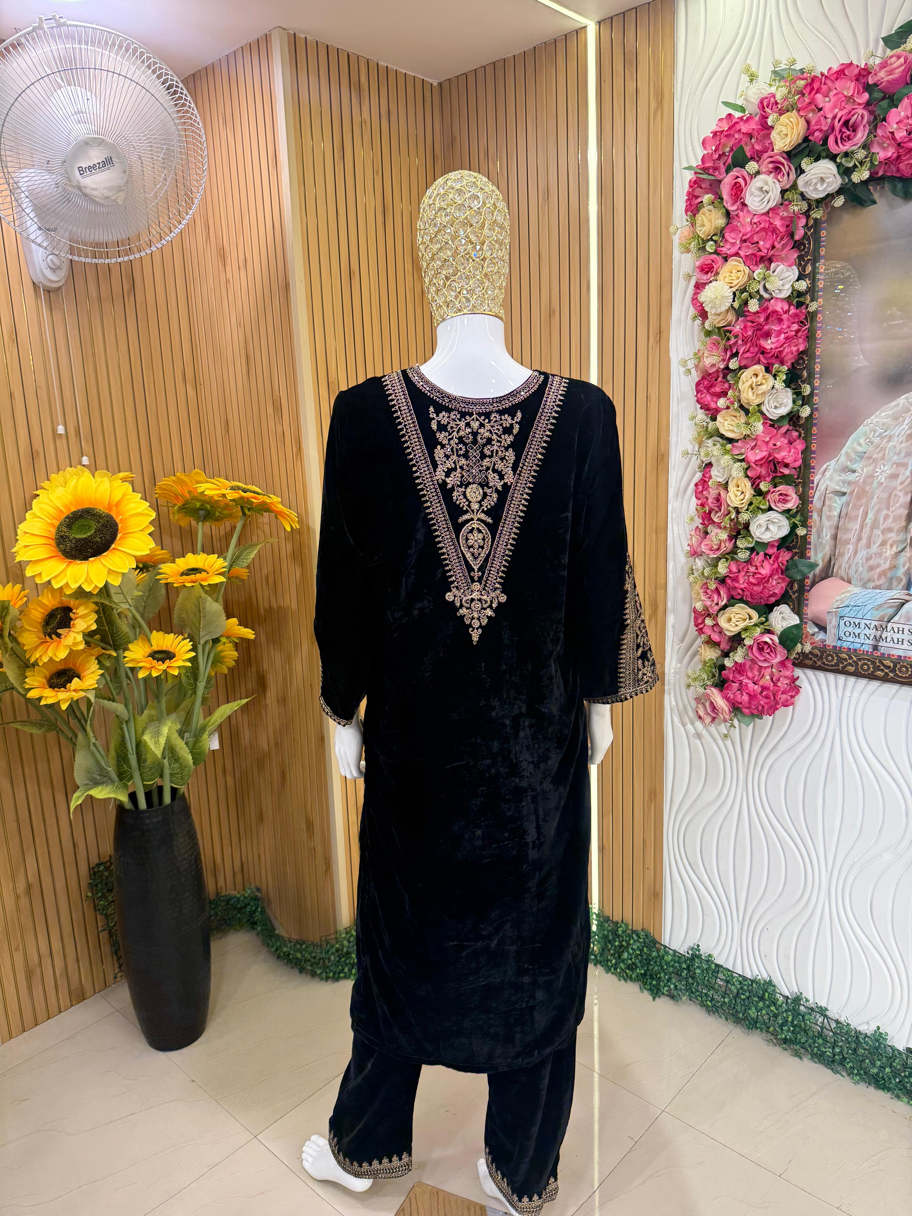 Black Velvet Embroidered Suit Set