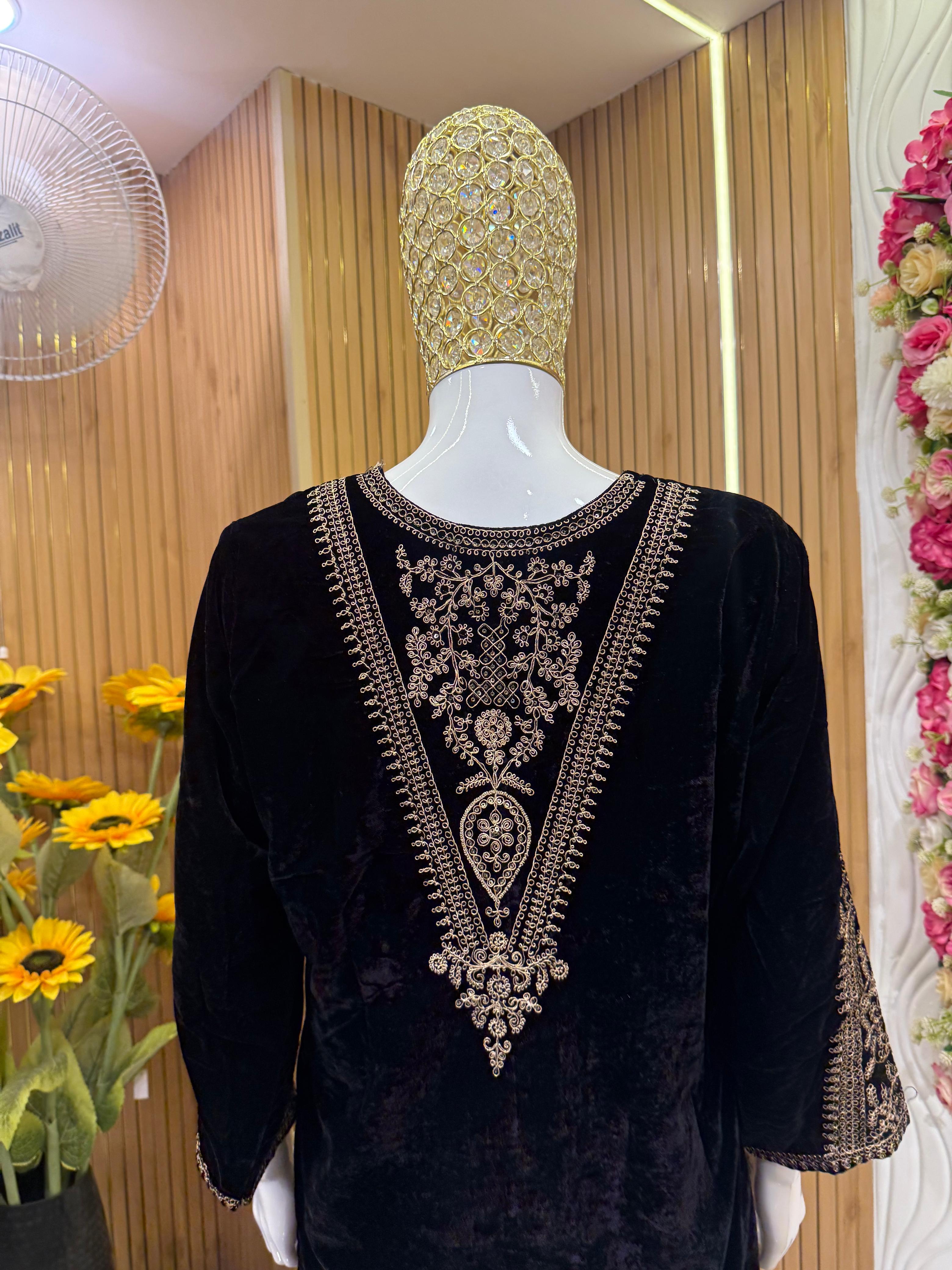 Black Velvet Embroidered Suit Set