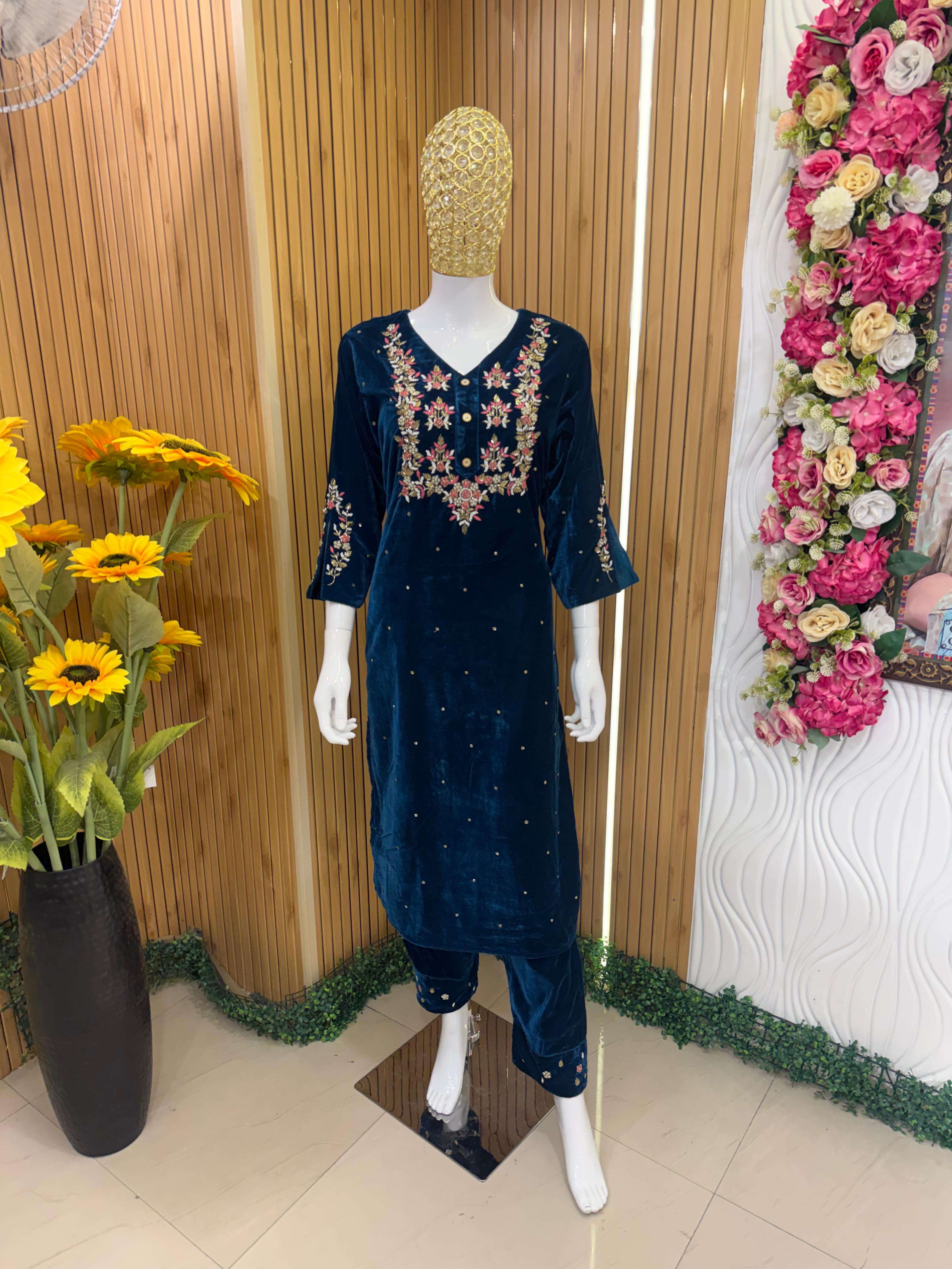 Navy Blue Velvet Embroidered Suit Set