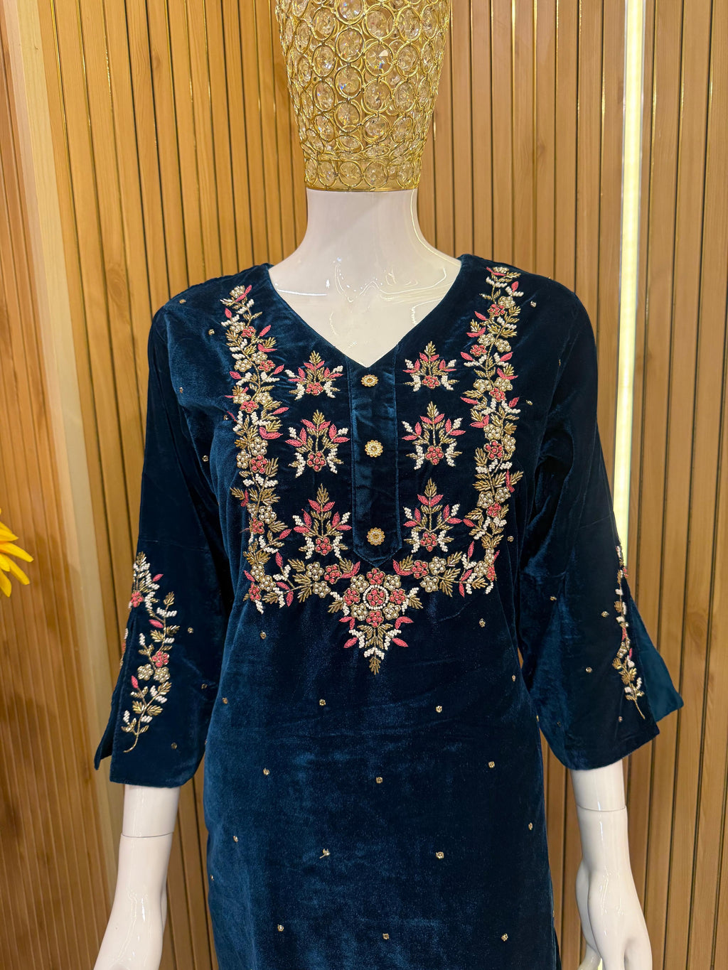 Navy Blue Velvet Embroidered Suit Set