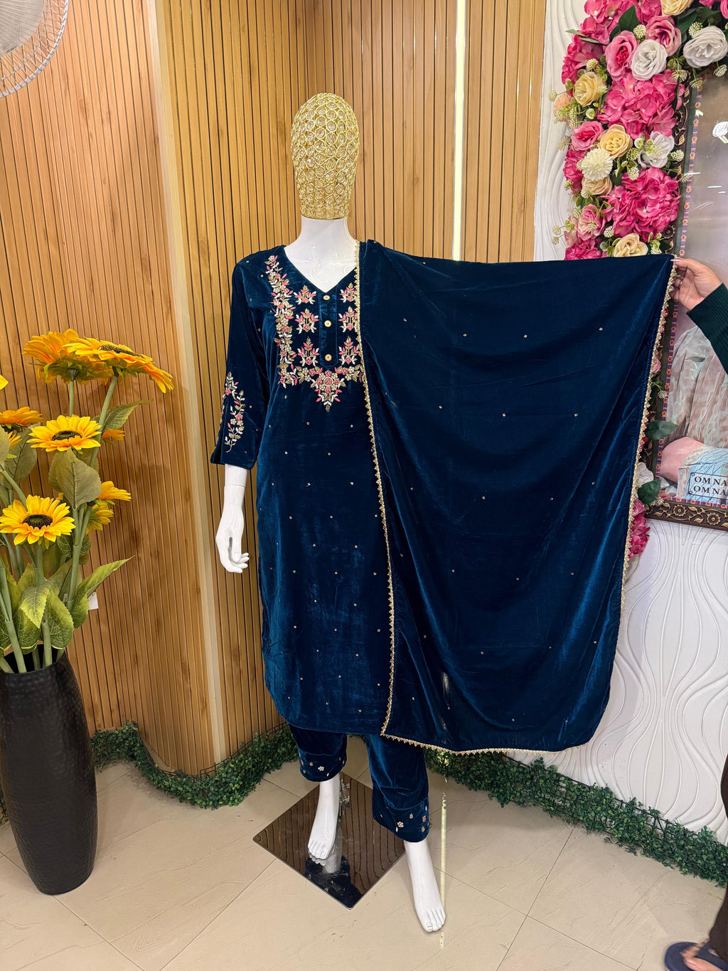 Navy Blue Velvet Embroidered Suit Set