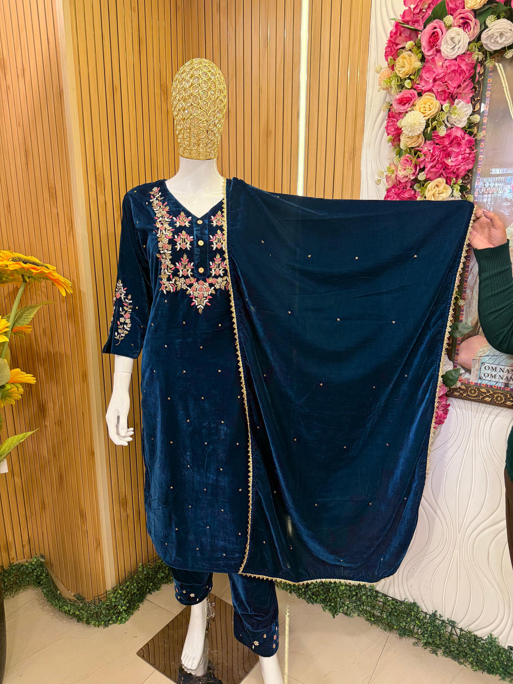 Navy Blue Velvet Embroidered Suit Set