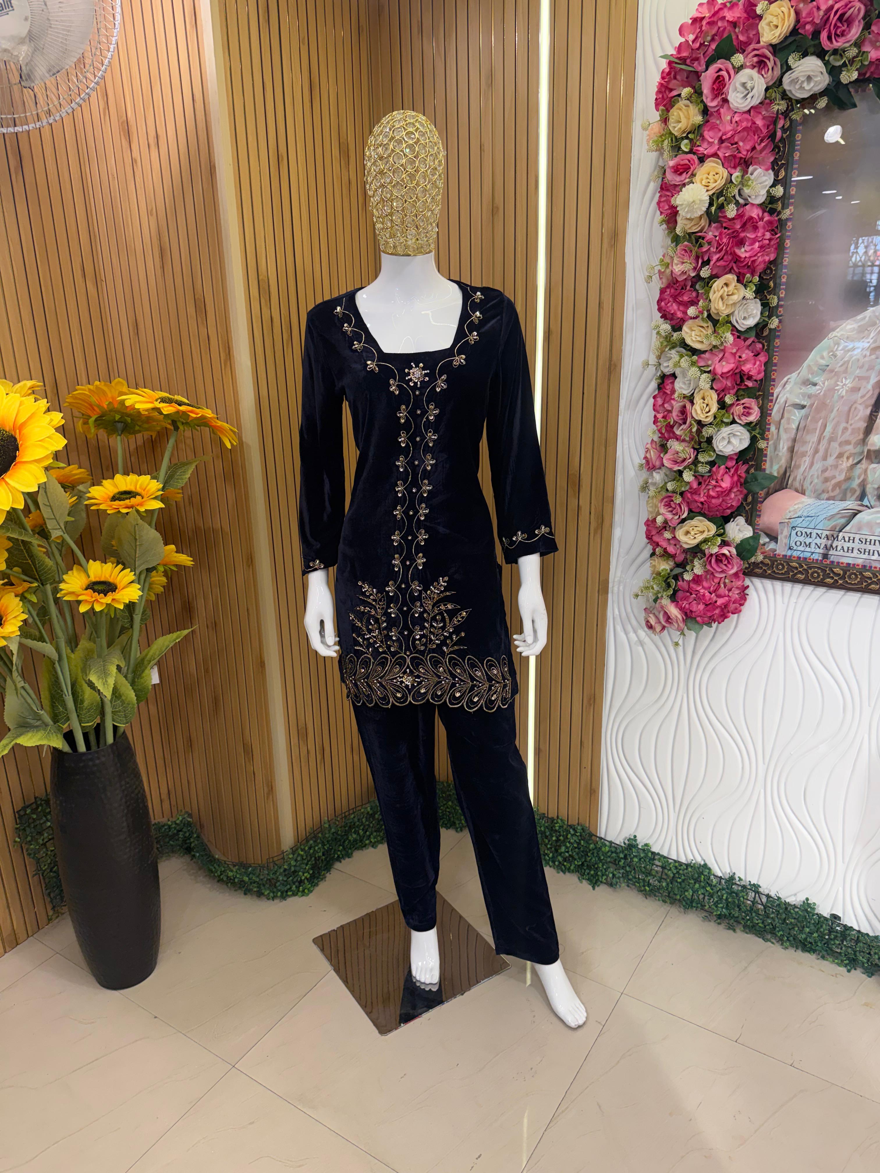 Midnight Blue Velvet Embroidered Suit Set