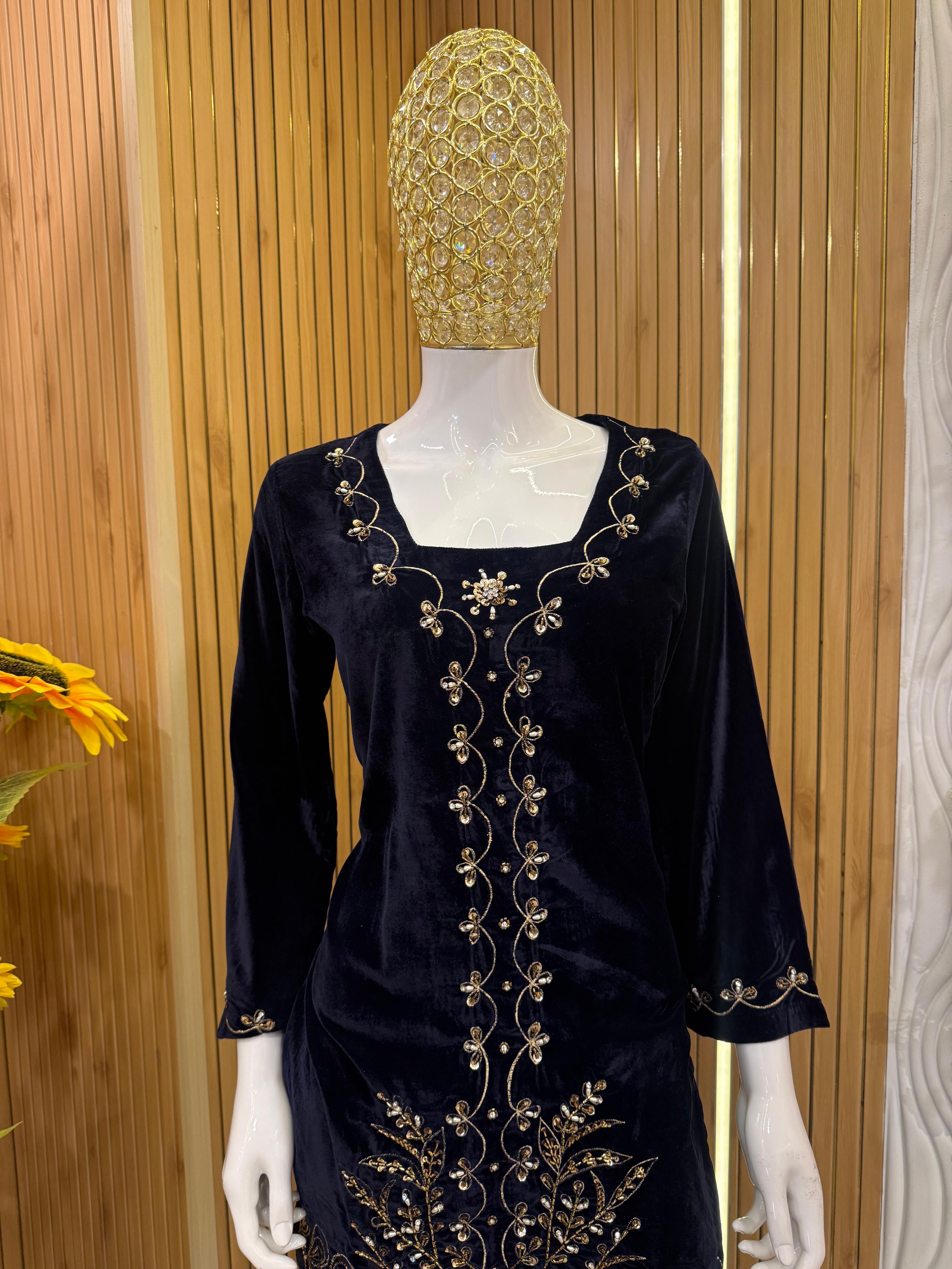 Midnight Blue Velvet Embroidered Suit Set