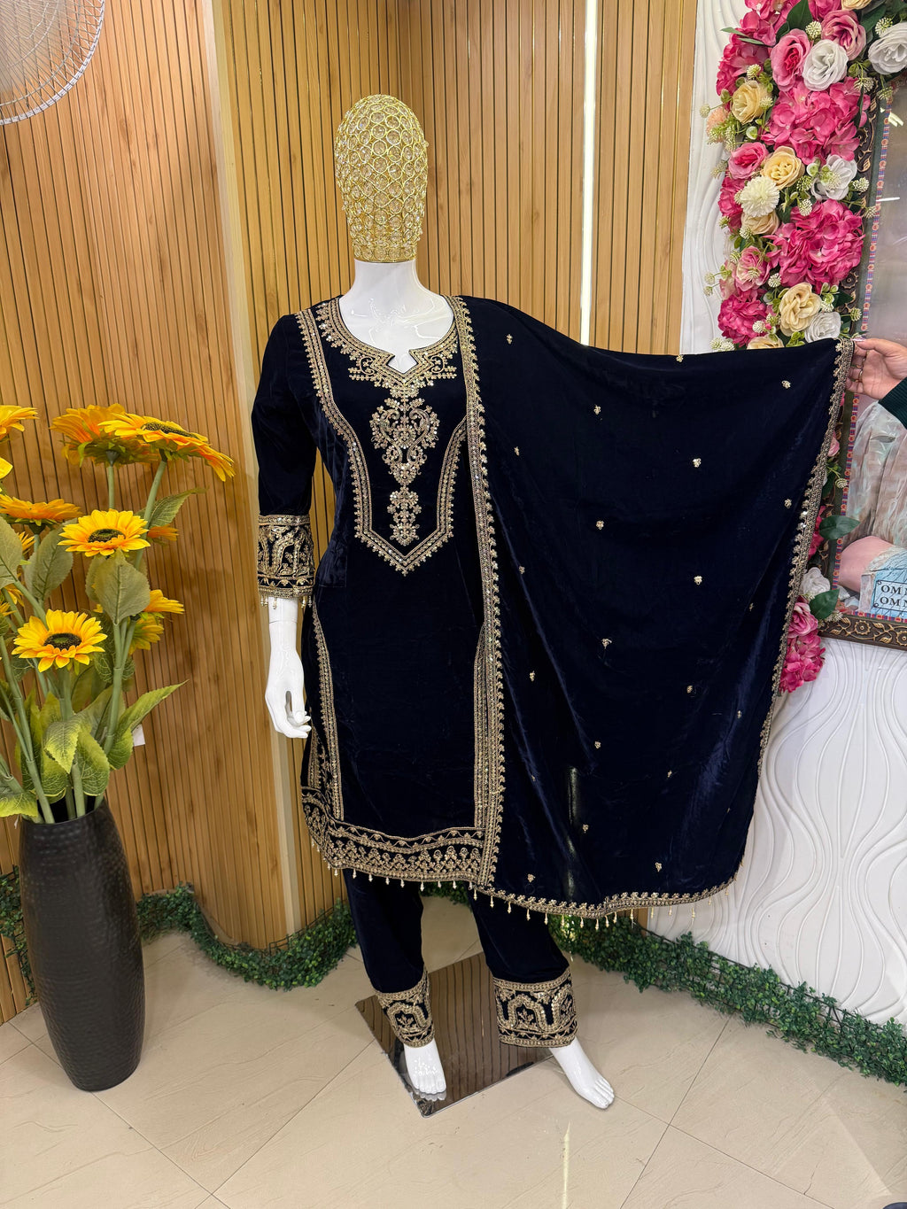 Midnight Blue Velvet Embroidered Suit Set