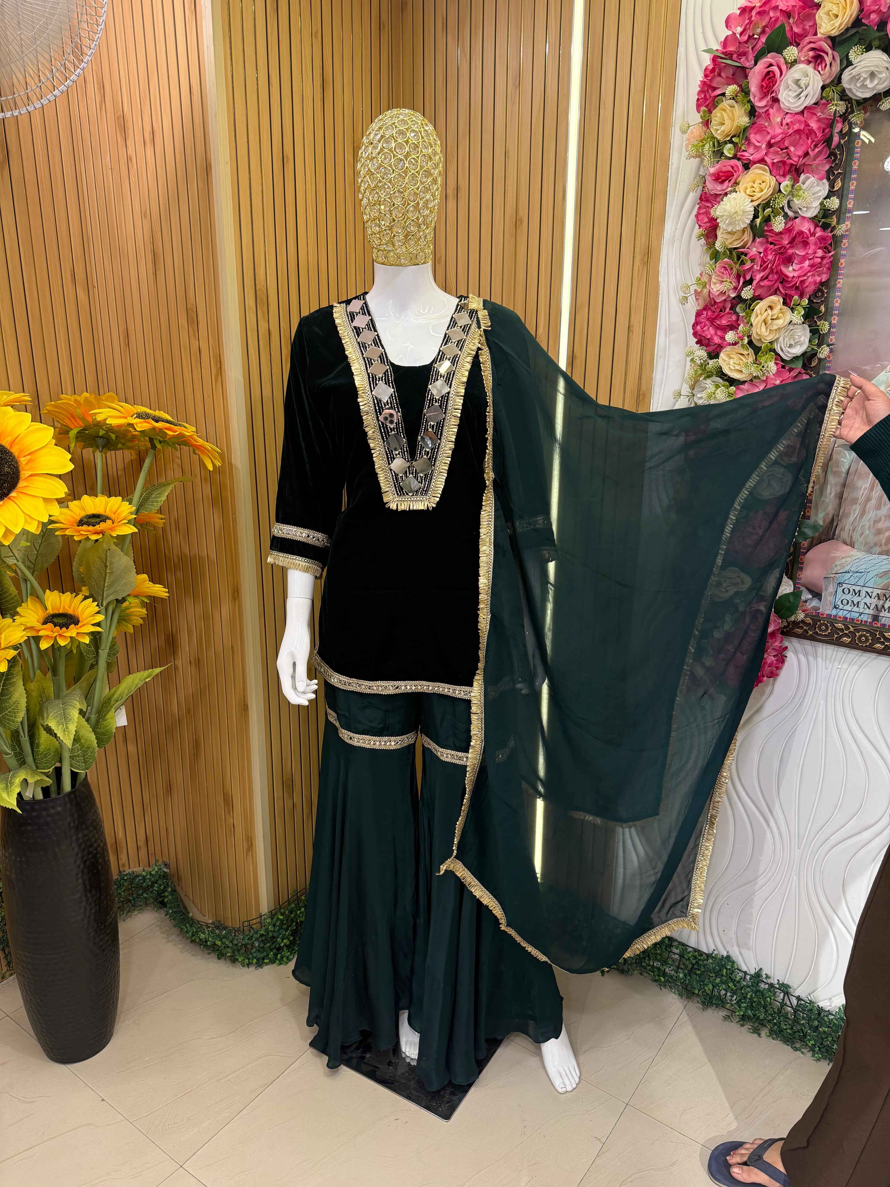 Emerald Velvet Gharara Suit Set