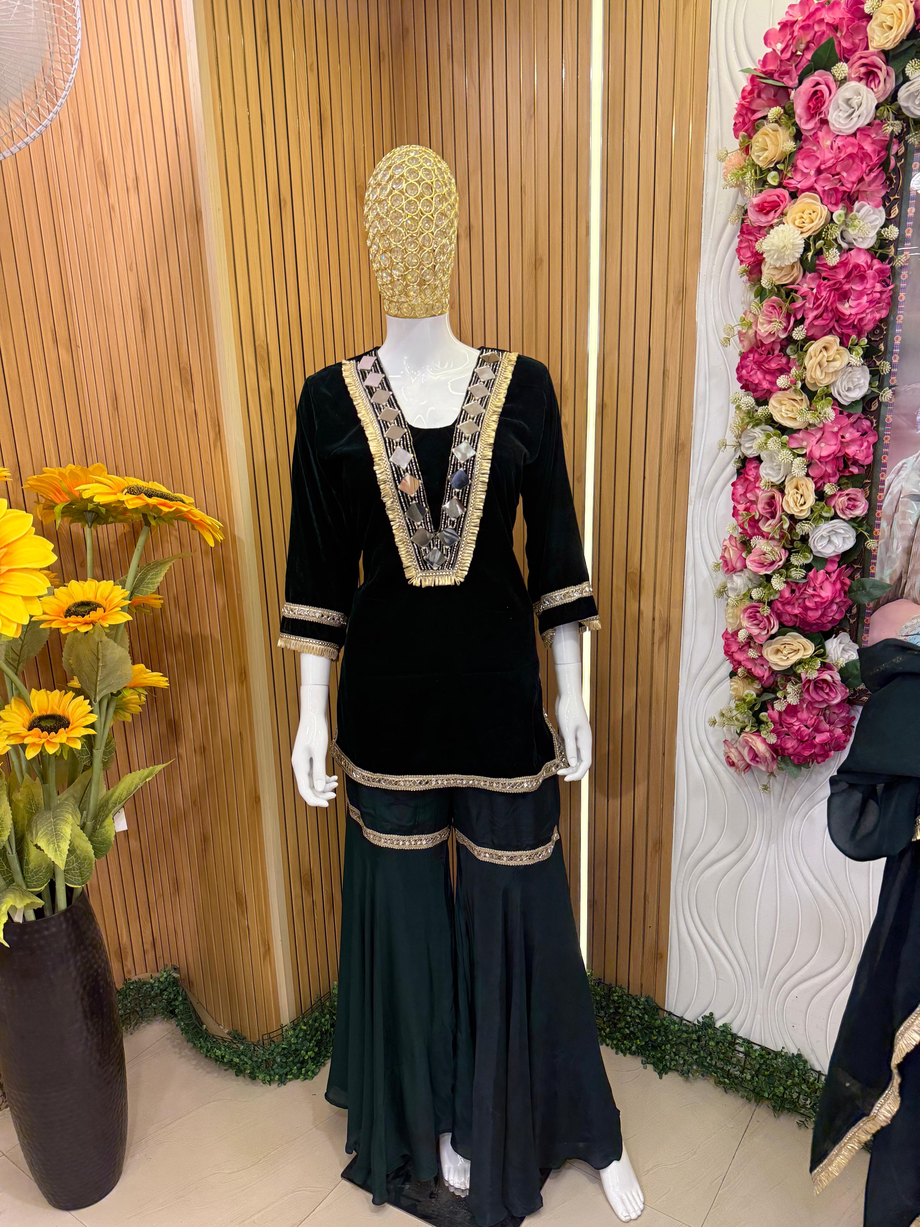 Emerald Velvet Gharara Suit Set