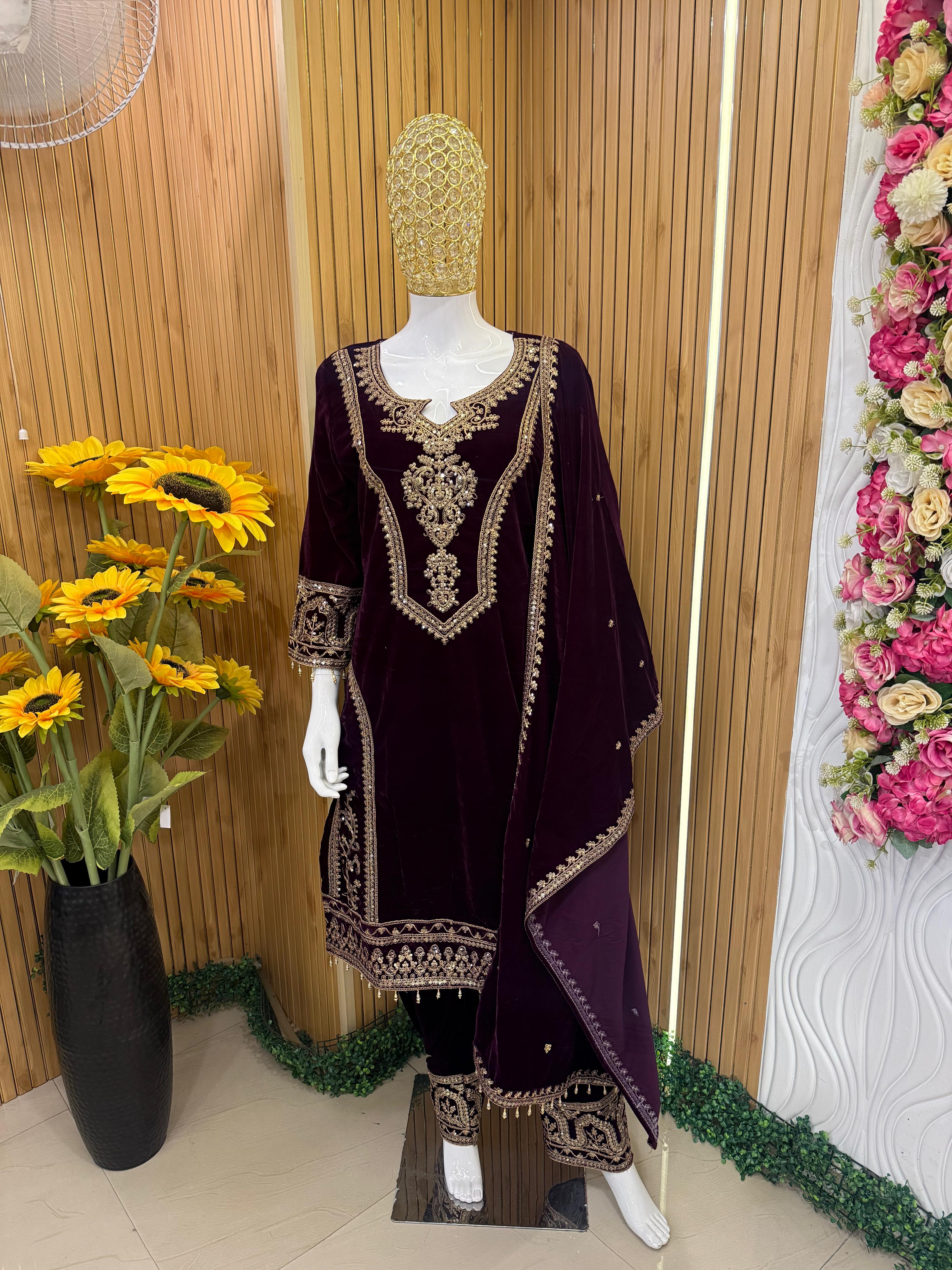Royal Plum Velvet Embroidered Suit Set