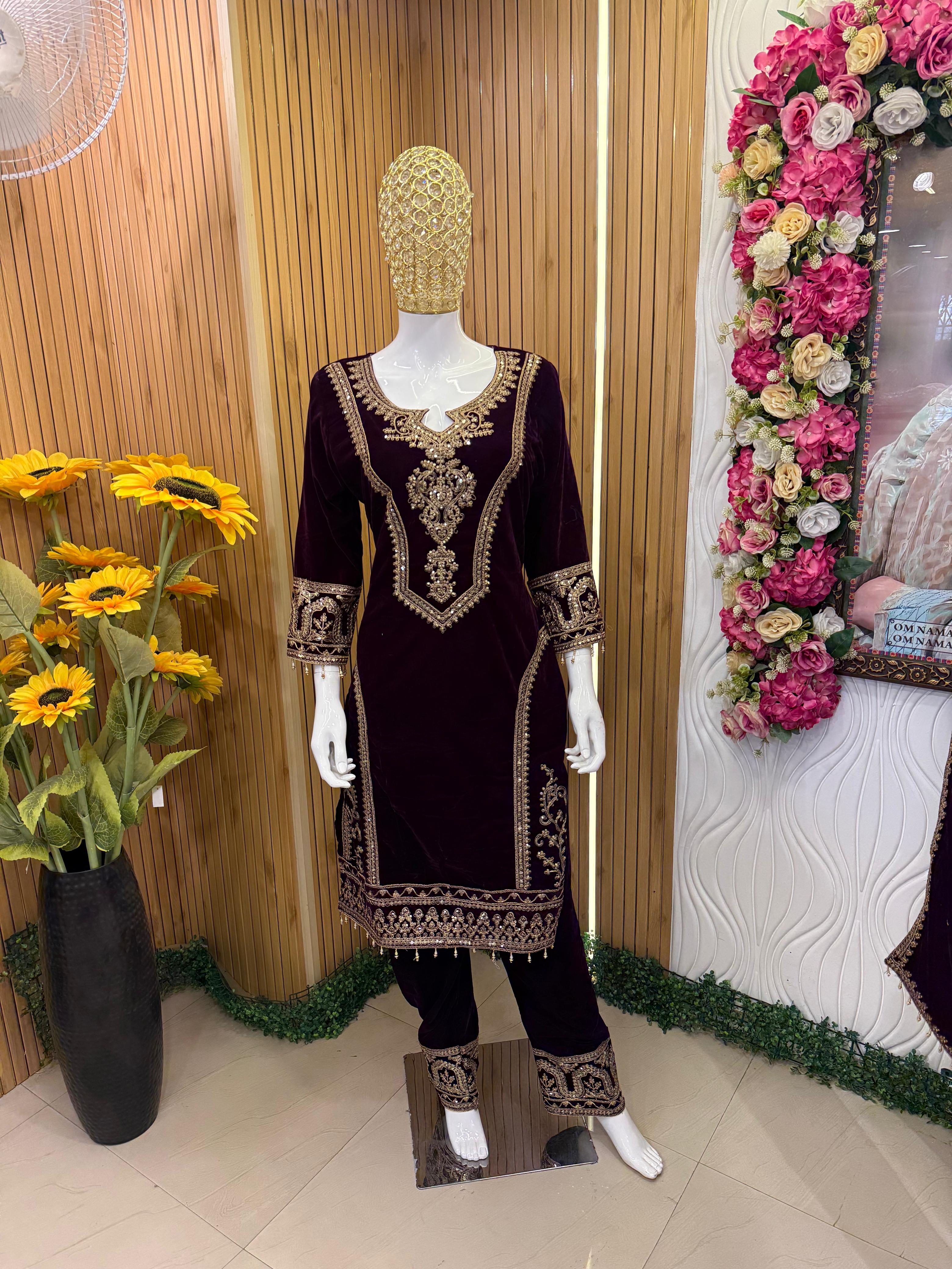 Royal Plum Velvet Embroidered Suit Set