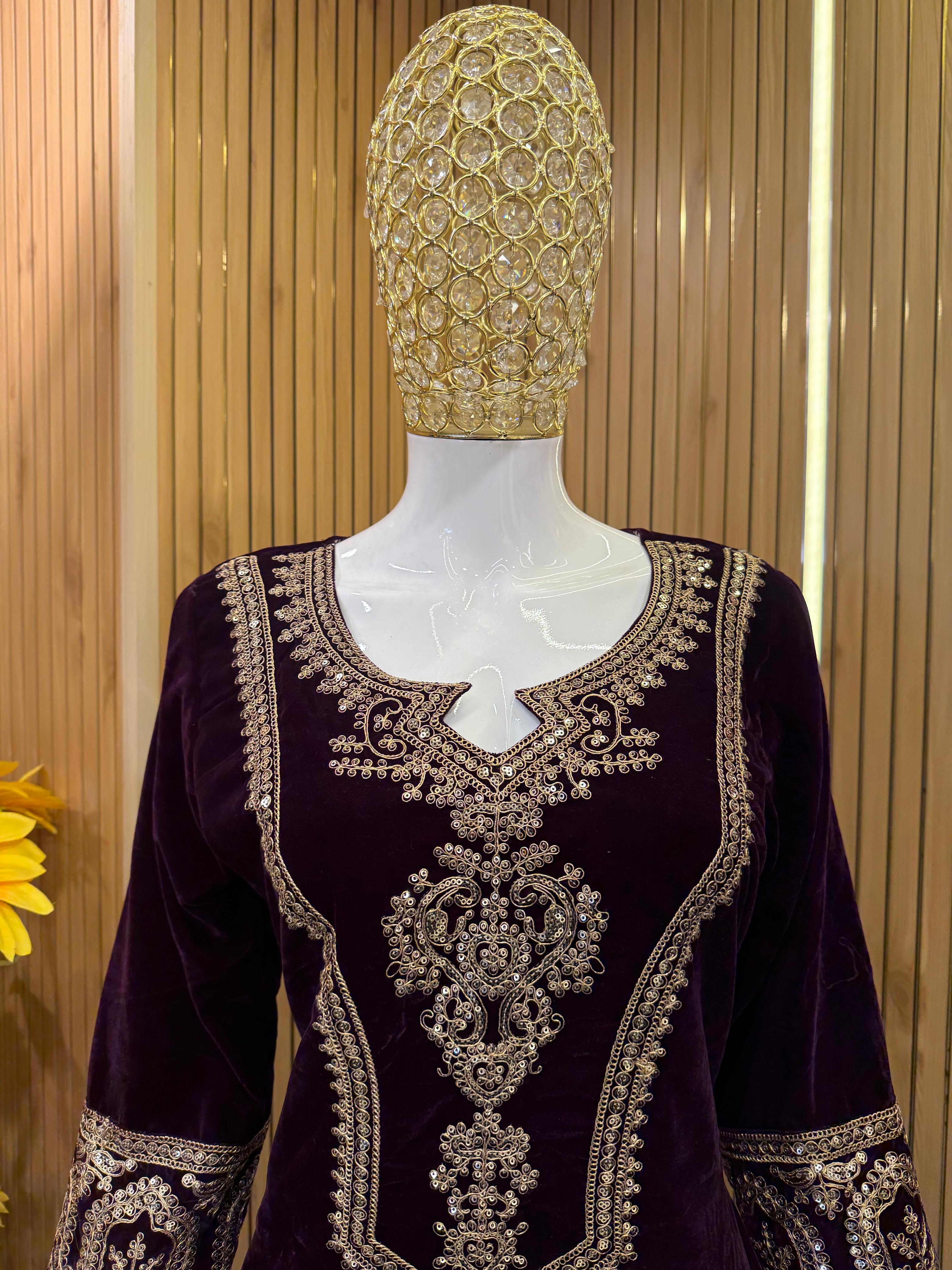 Royal Plum Velvet Embroidered Suit Set