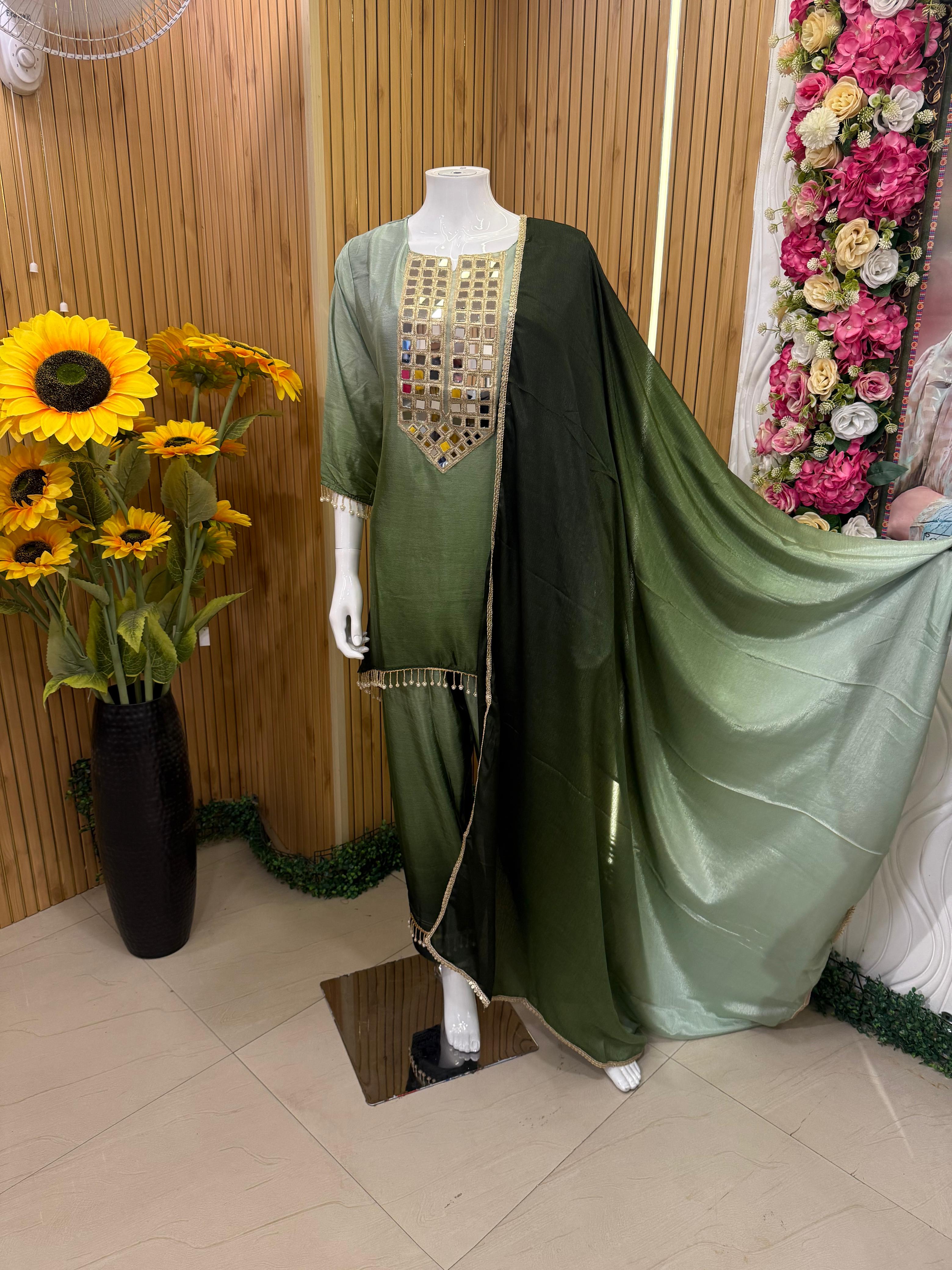 Ruby Pink Mirror-Work Suit Set