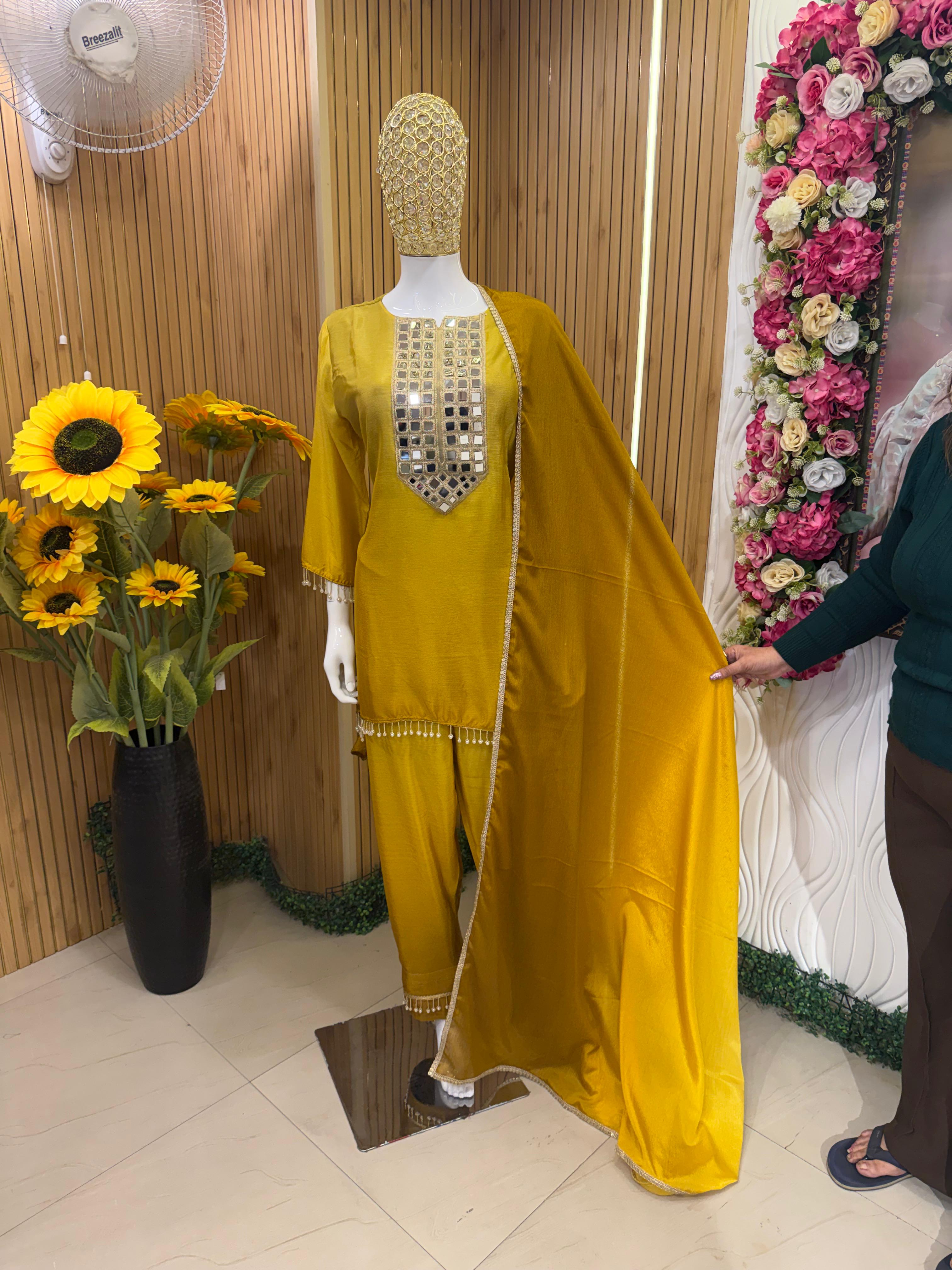 Ruby Pink Mirror-Work Suit Set