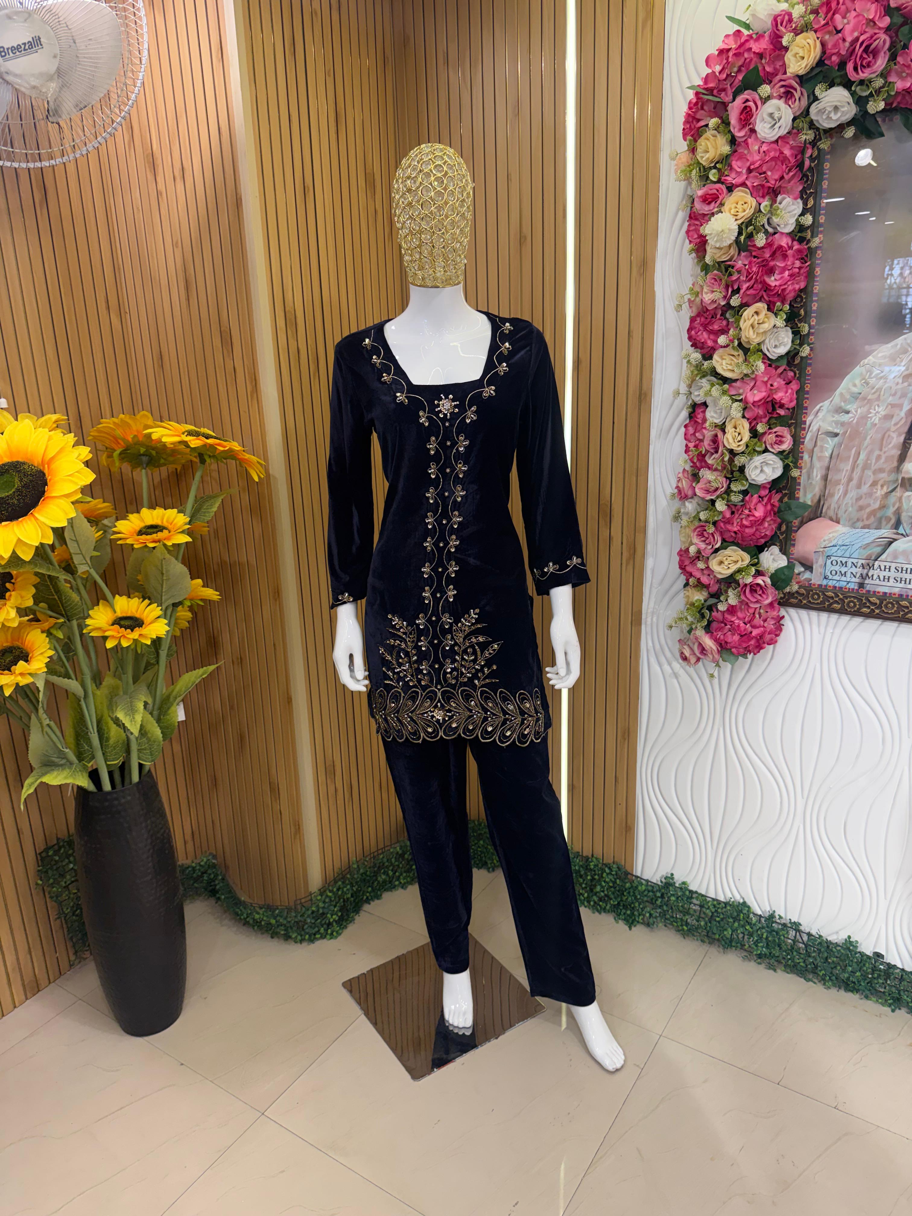 Midnight Blue Velvet Embroidered Suit Set