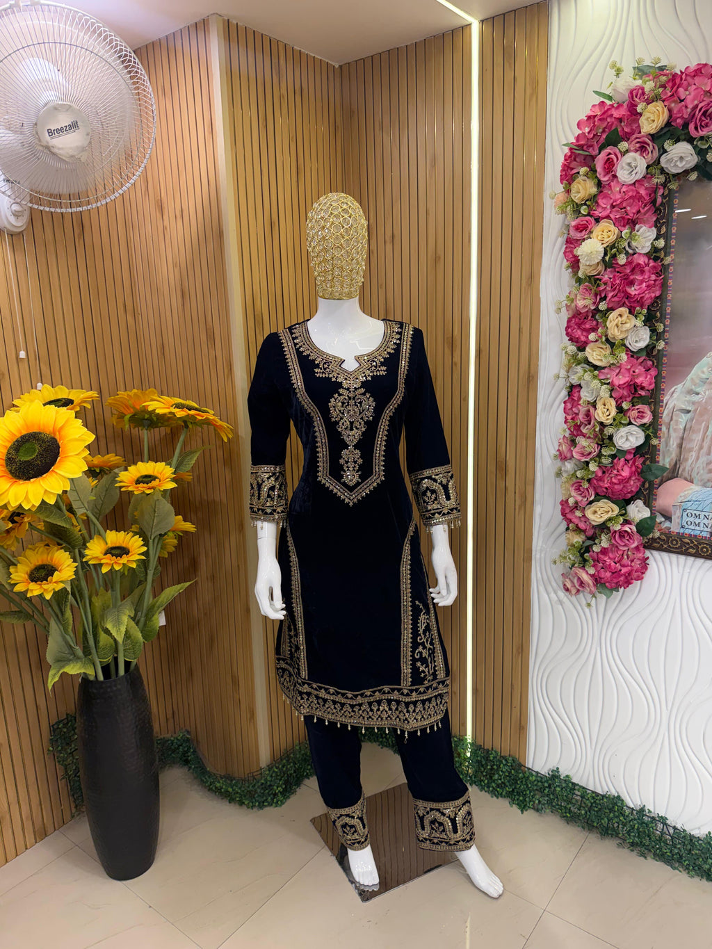 Midnight Blue Velvet Embroidered Suit Set